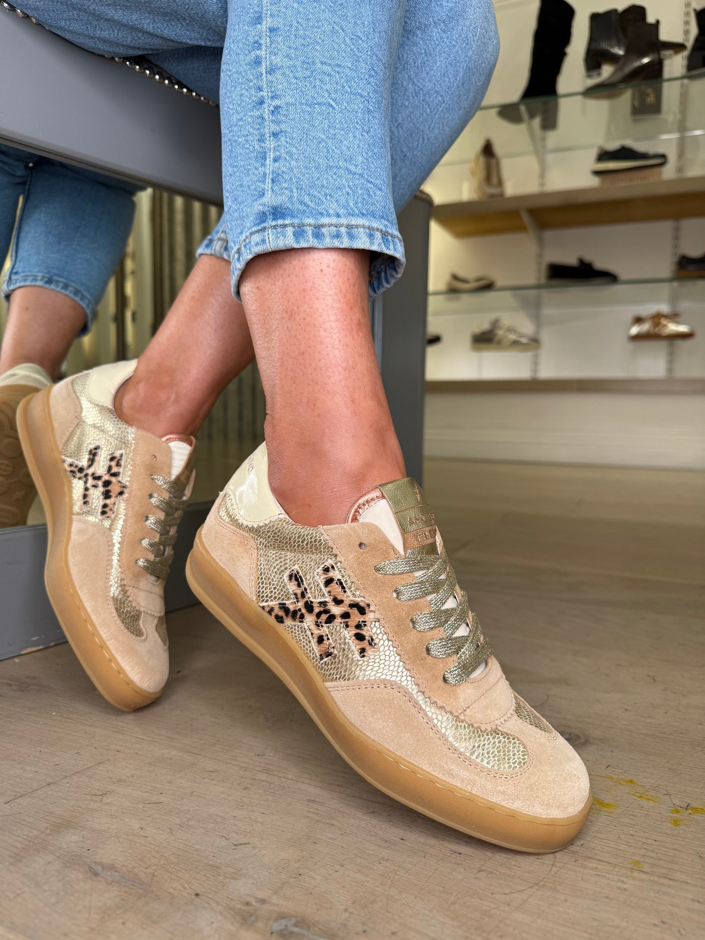 Another Trend - Rich Camel Suede Trainer With Gold Snake Print & Leopard Print Trim