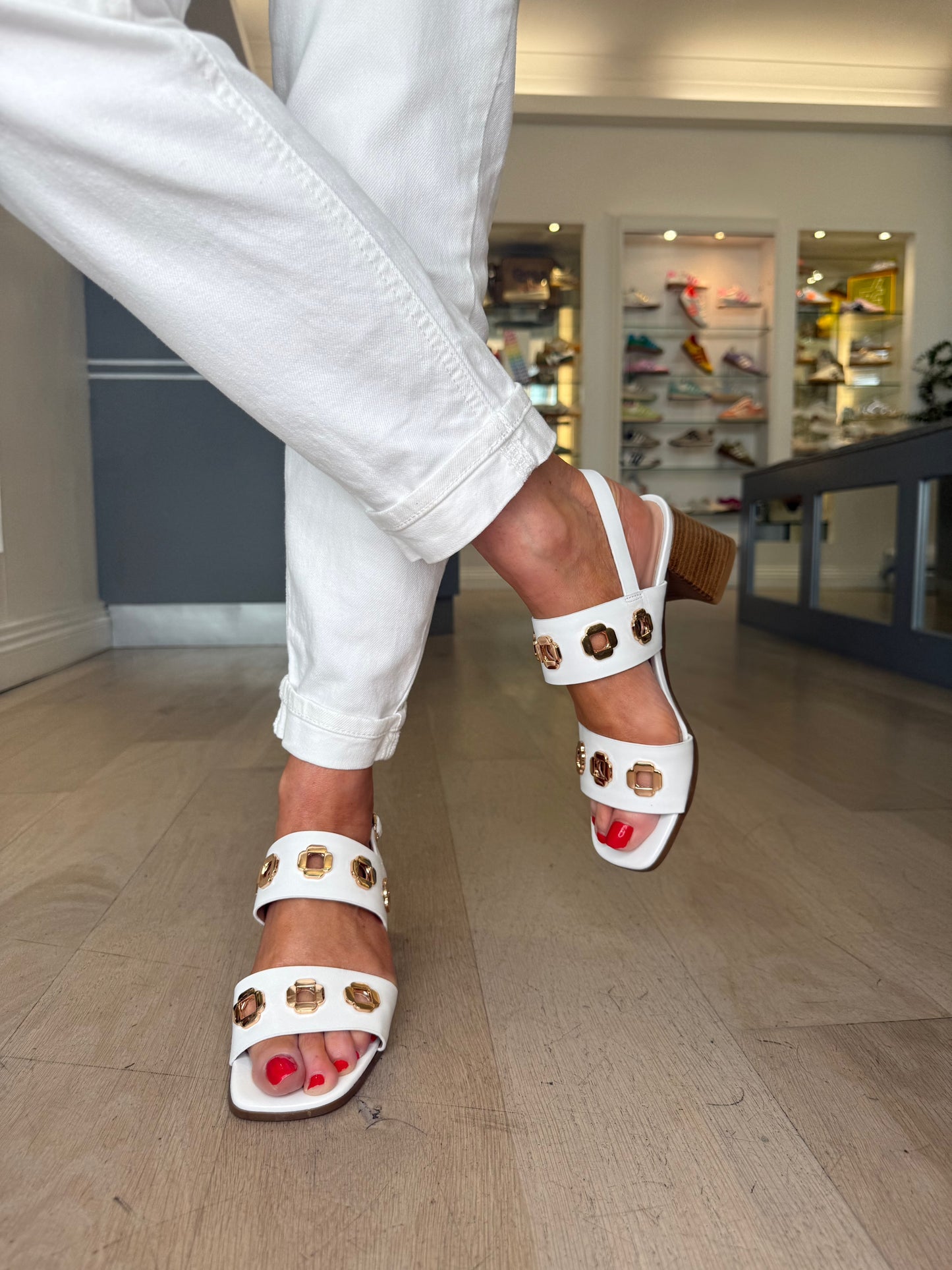 Repo - White Leather Block Heel Sandal with Gold Hardware Detail