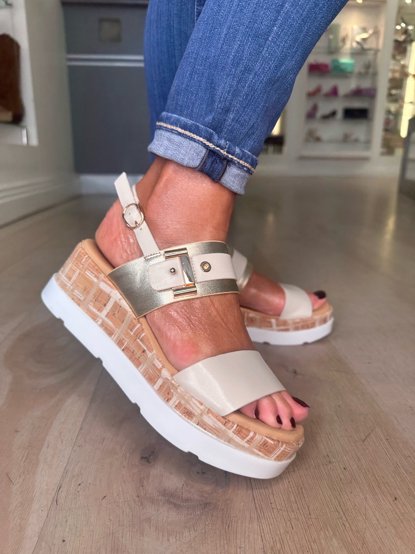 Repo - Beige/Gold Strappy Wedge Sandal