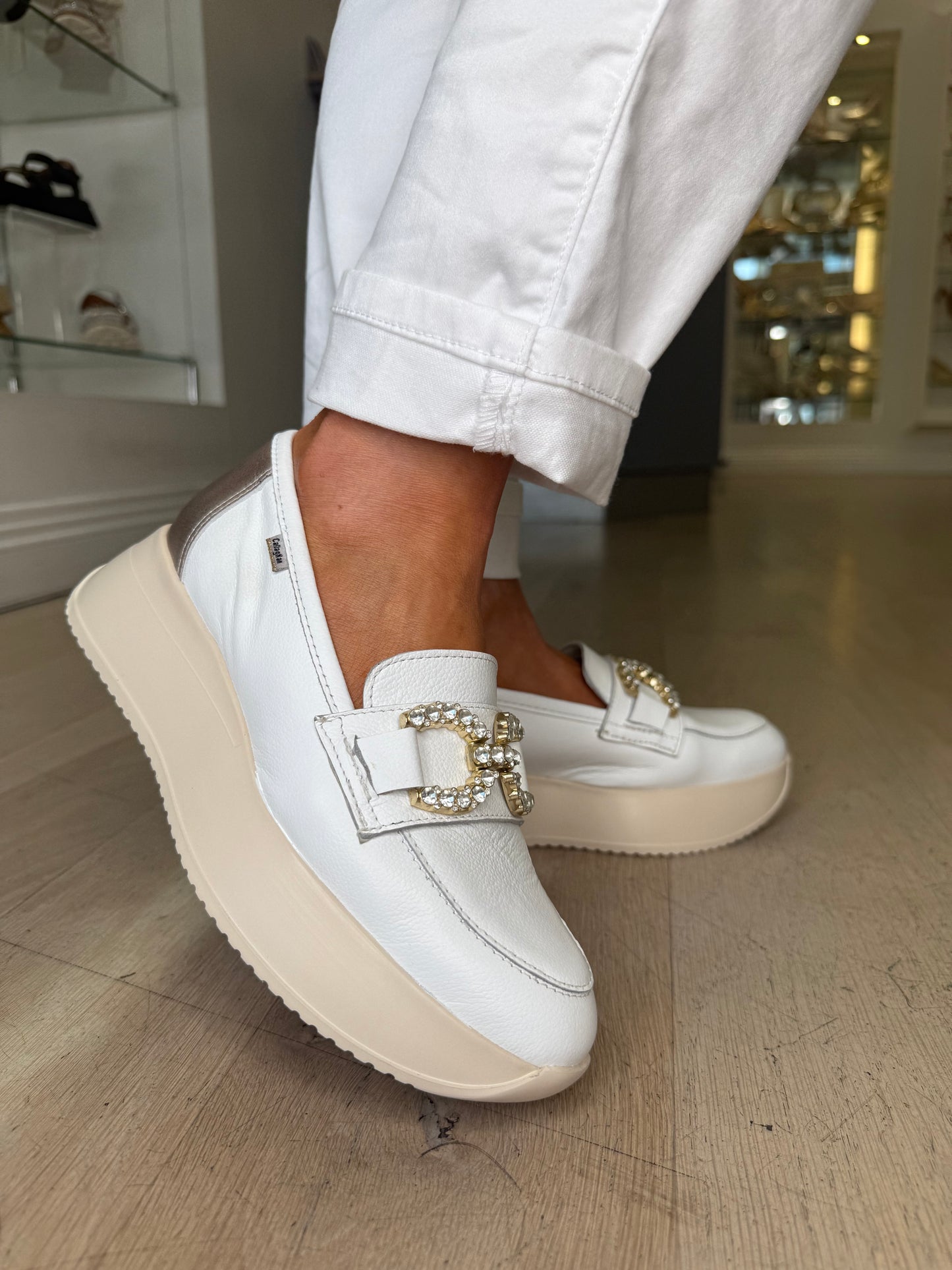 Callaghan - White Leather Slip On Wedge Shoe With Diamante Trim