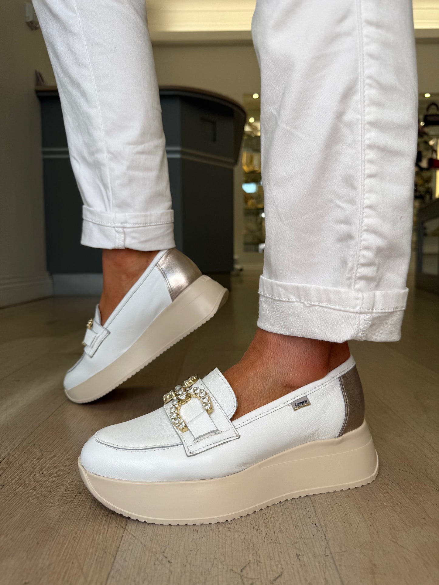 Callaghan - White Leather Slip On Wedge Shoe With Diamante Trim