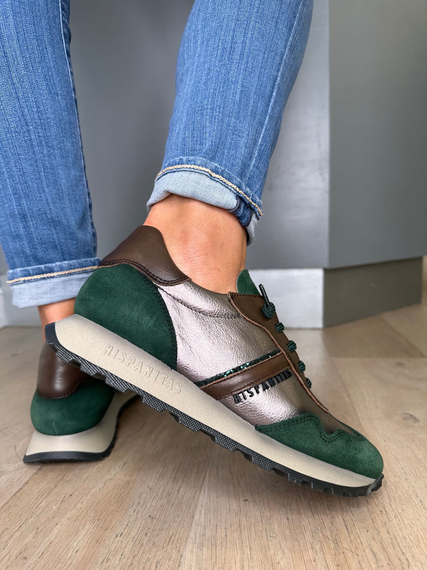 Hispanitas -Forest Green Suede Mix Pull On Trainer