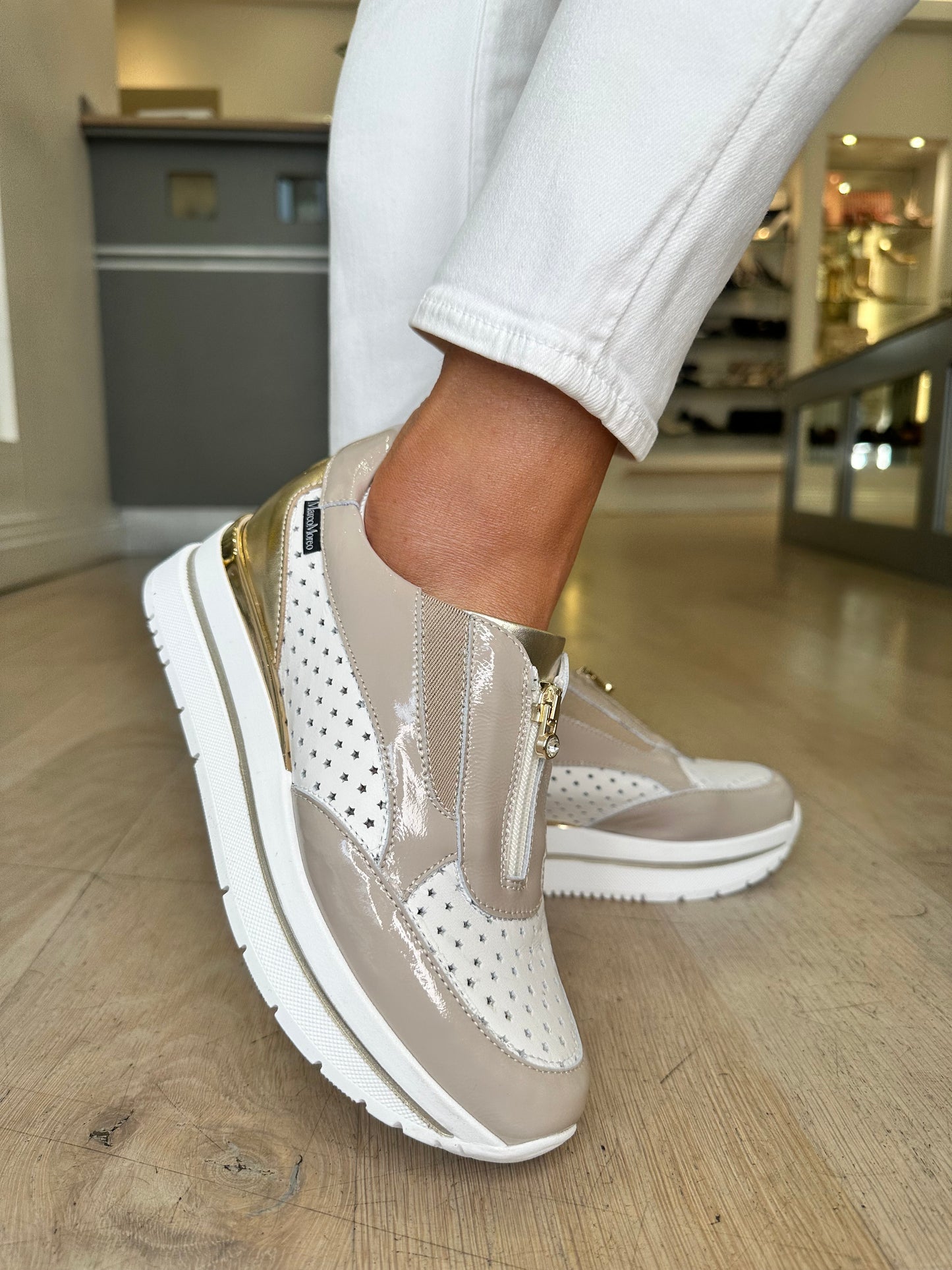 Marco Moreo - Taupe Flexy Patent & White Leather Trainer With Gold Trim