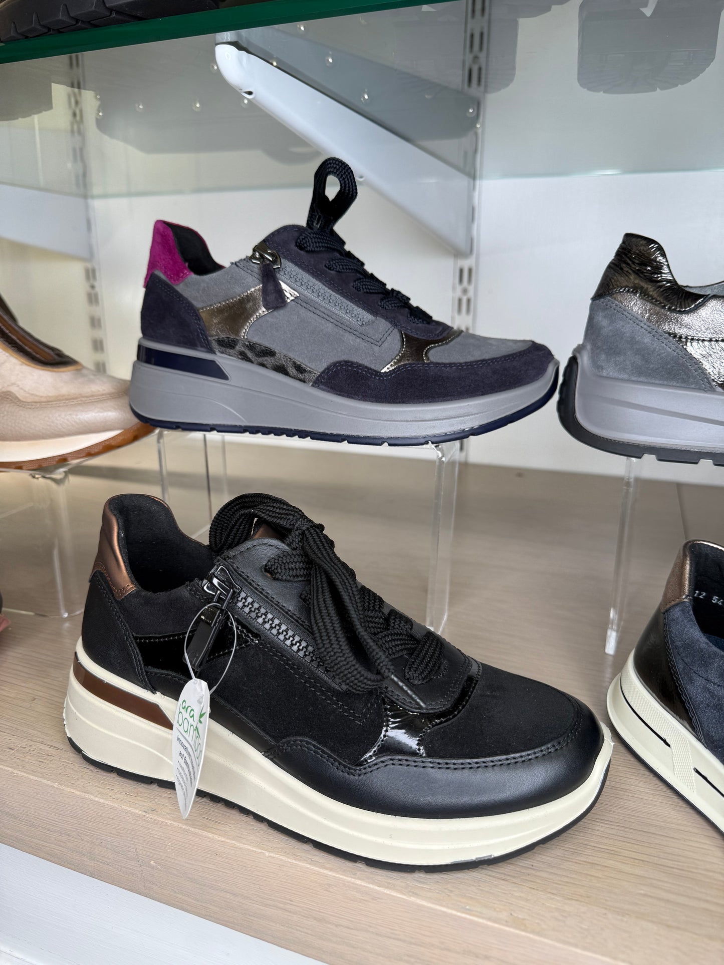 Ara - Black Suede / Leather Mix Lace Up Trainer With Side Zip