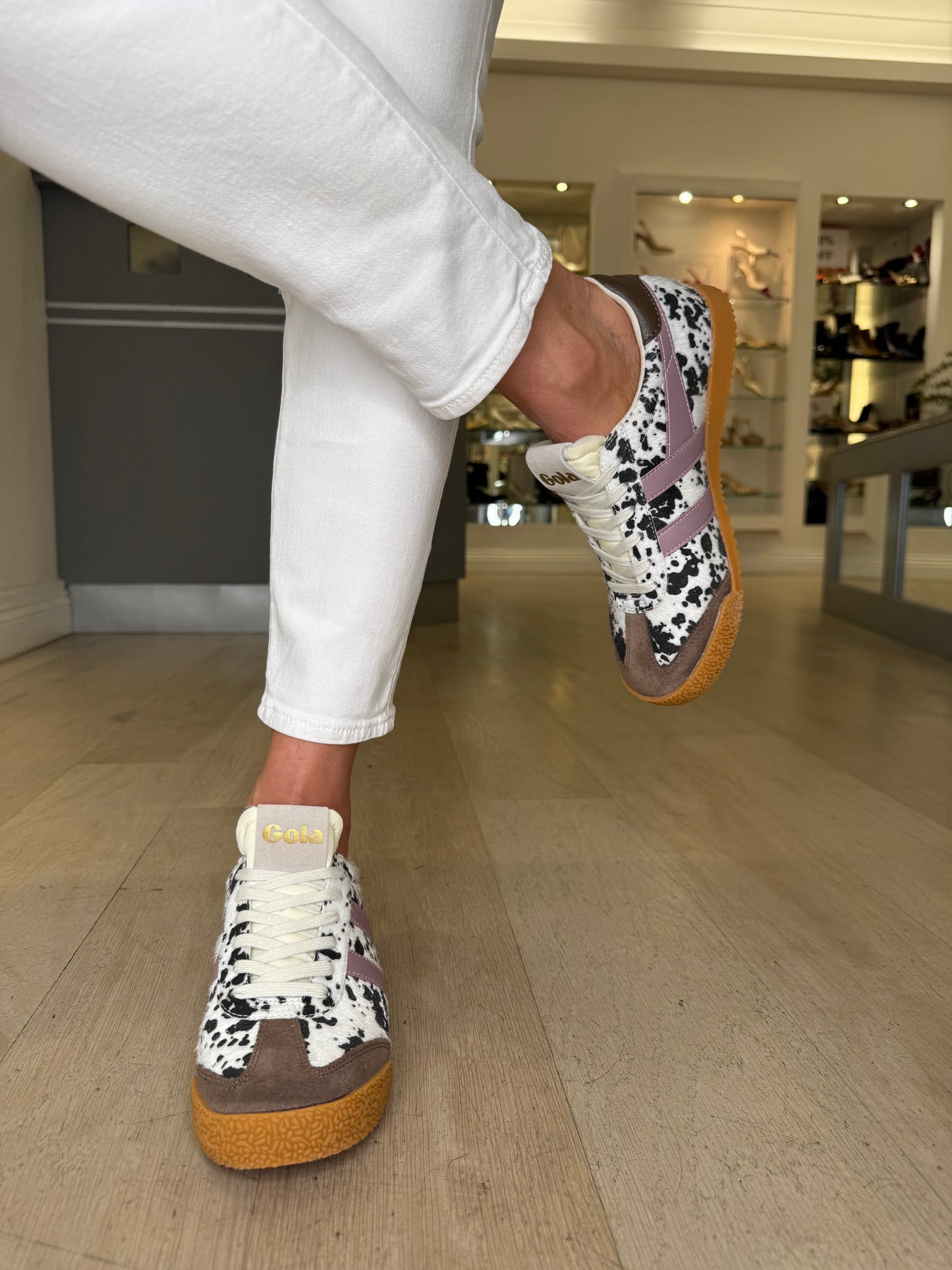 Gola - Elan Dalmation Print Trainer With Brown Suede & Dark Lavender Trim