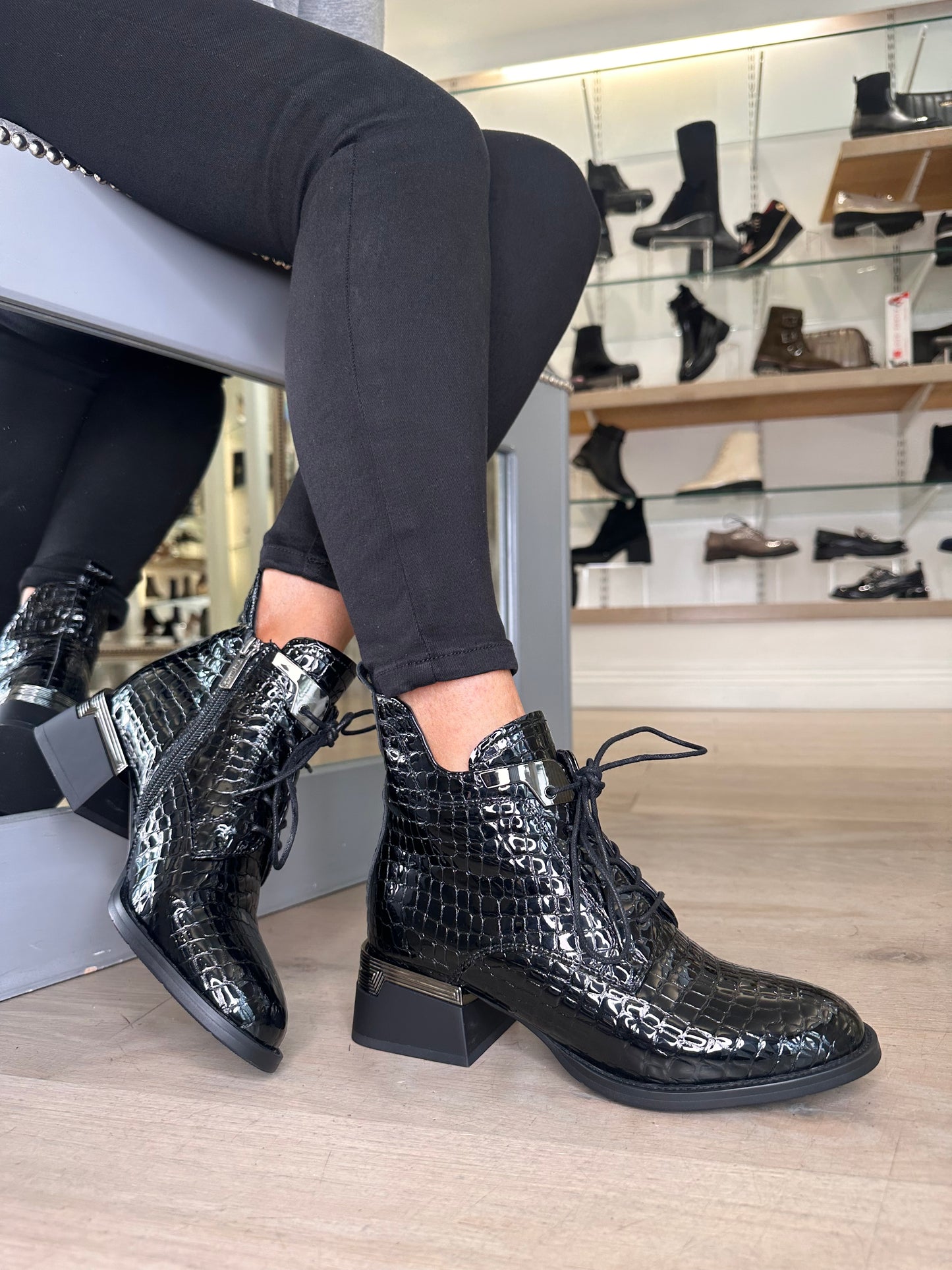 Loretta Vitale - Black Mock Croc Flexy Patent Leather Boot