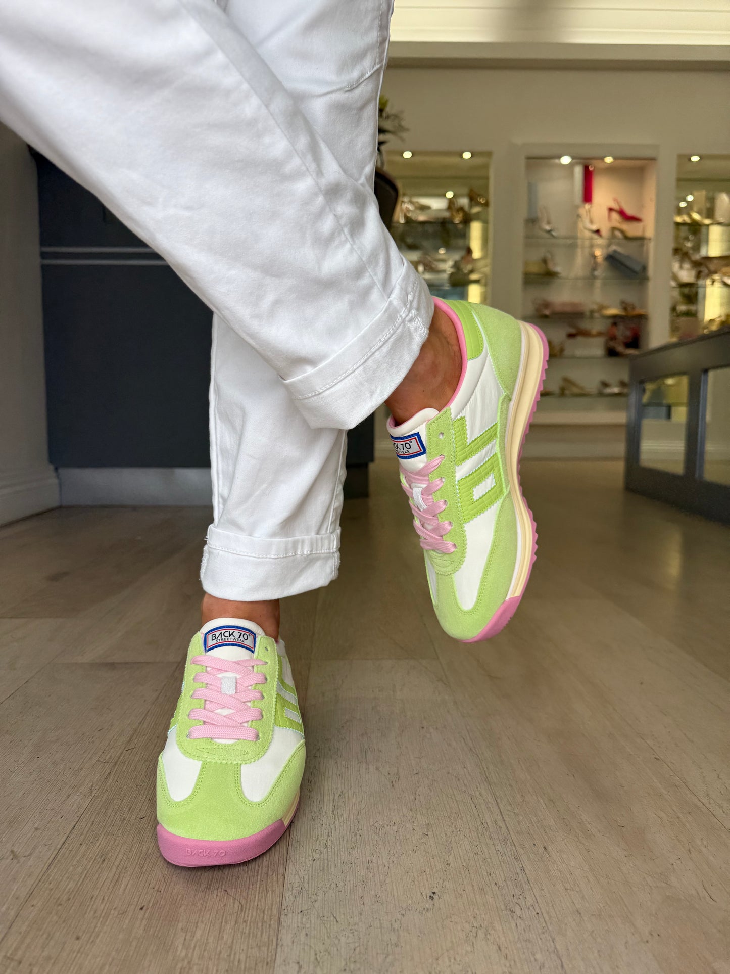 Back 70 - Lime Green Suede & White Leather Trainer With Soft Pink Trim