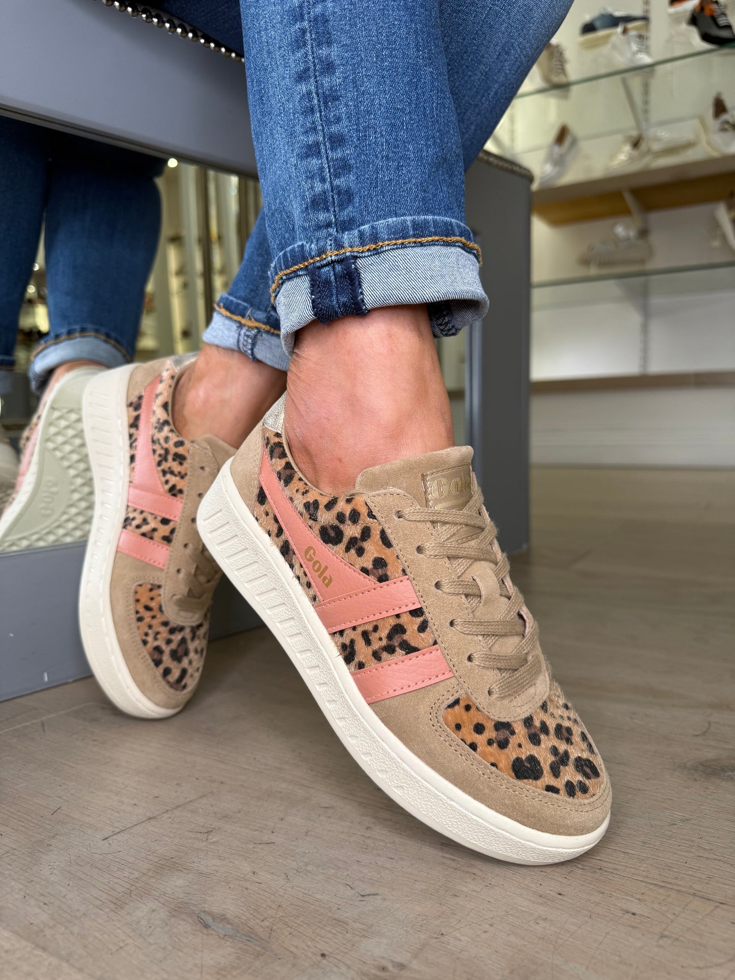 Gola - Grandslam Caramel Suede Trainer With Leopard Print & Coral Trim