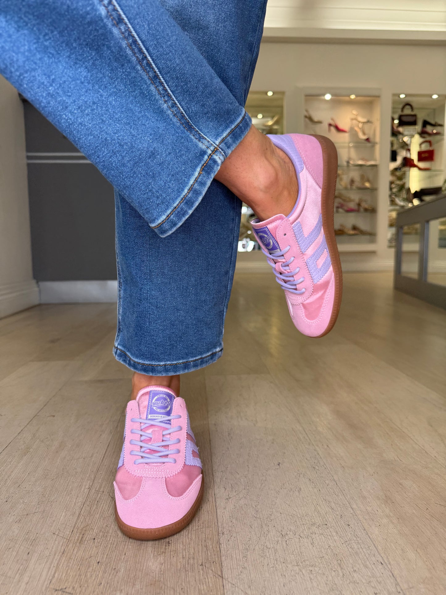 Back 70 - Candy Pink Satin/Suede Trainer With Lilac Trim