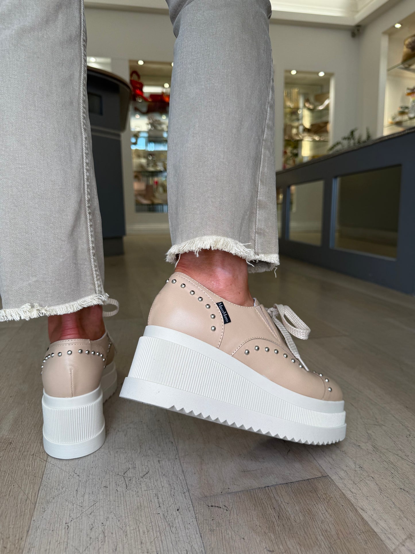 Marco Moreo -Leslie Rich Camel Lace Up Chunky Sole Shoe With Silver Stud Trim