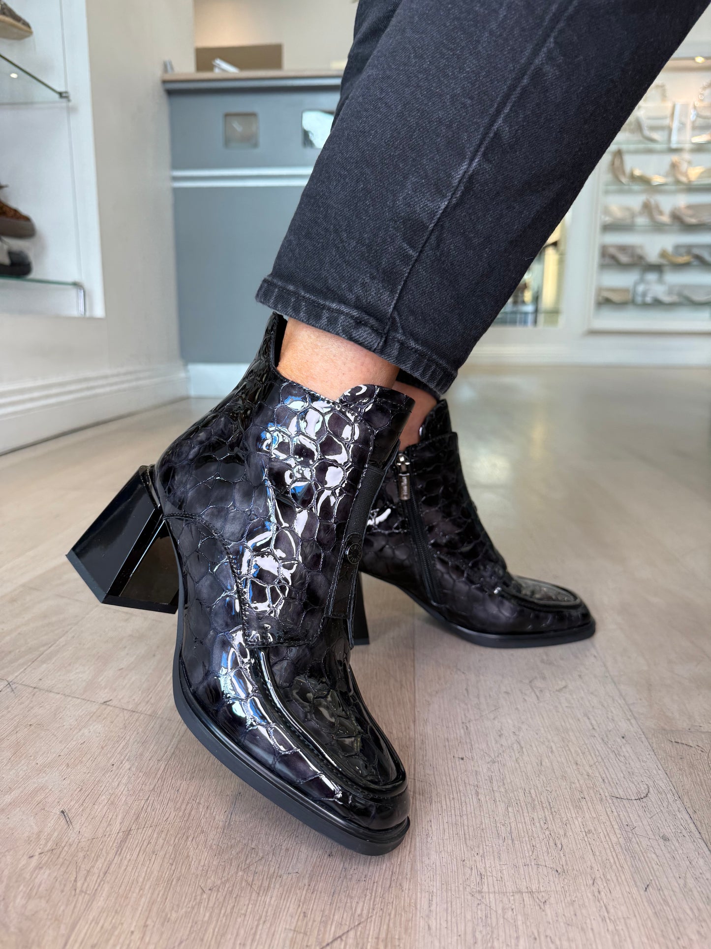 Loretta Vitale - Black/ Grey Croc Patent Square Toe Block Heel Boot