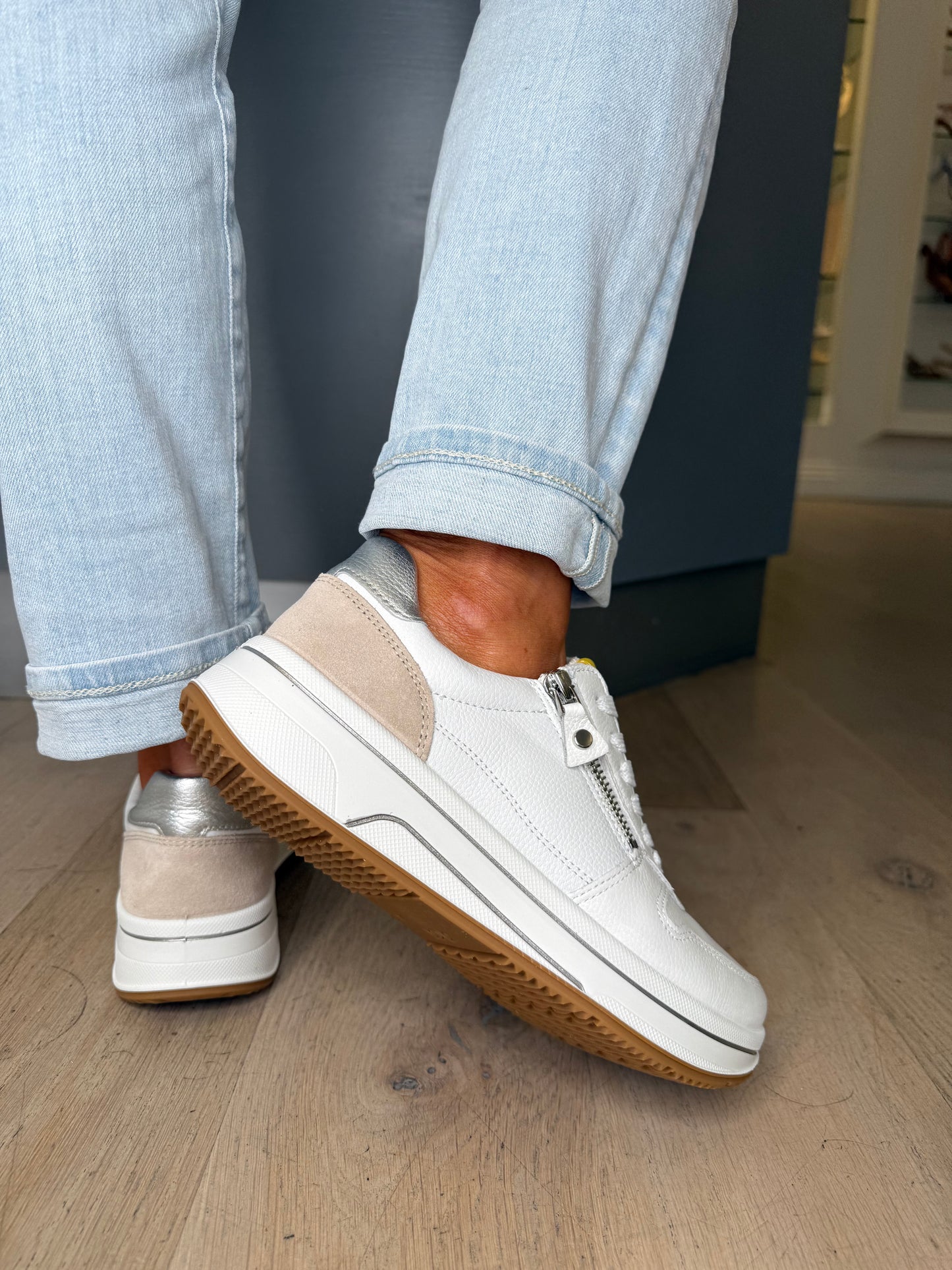 Ara - White Lace Up Trainer With Side Zip & Yellow & Beige Suede Trim