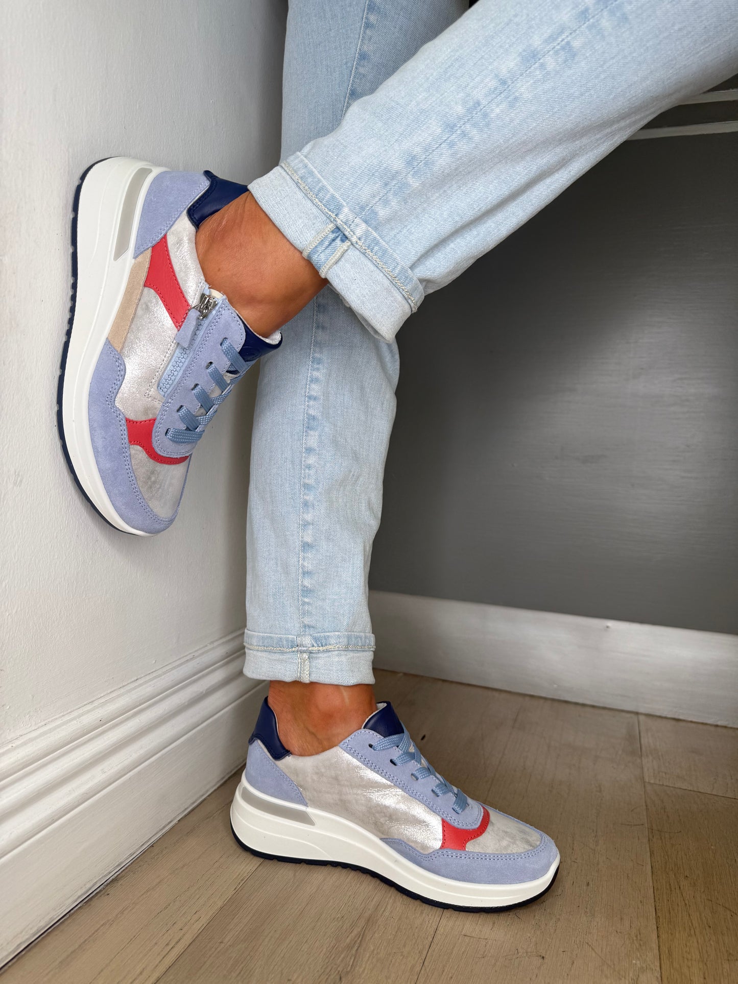 Ara - Blue Suede Trainer With Silver Multi Metallic Trim