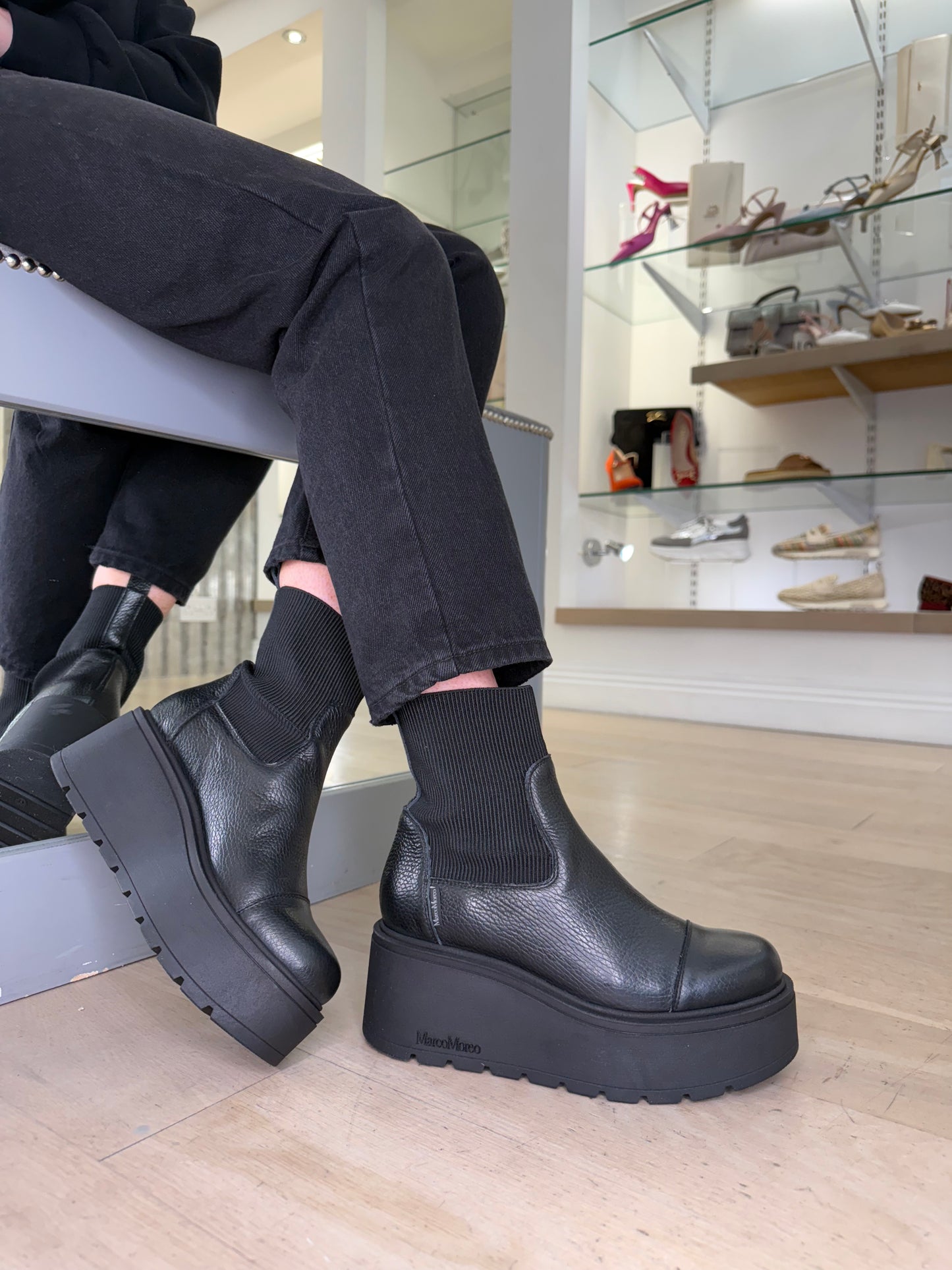 Marco Moreo - Brenda Black Grained Leather Chunky Sole Wedge Boot