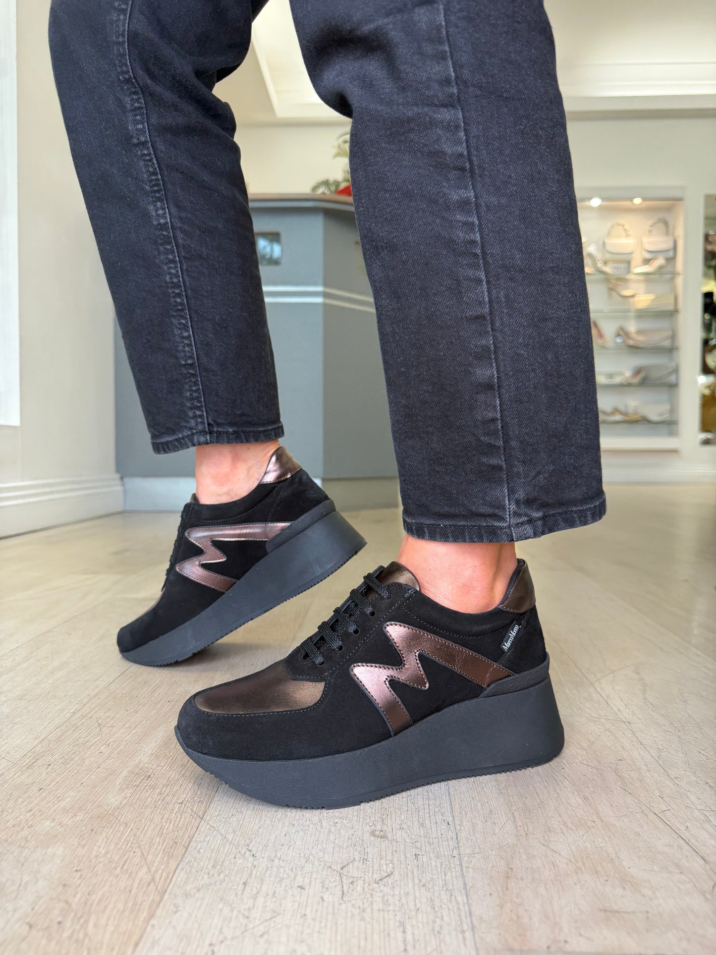 Marco Moreo - Black Suede & Soft Bronze Lace Up Wedge Trainer