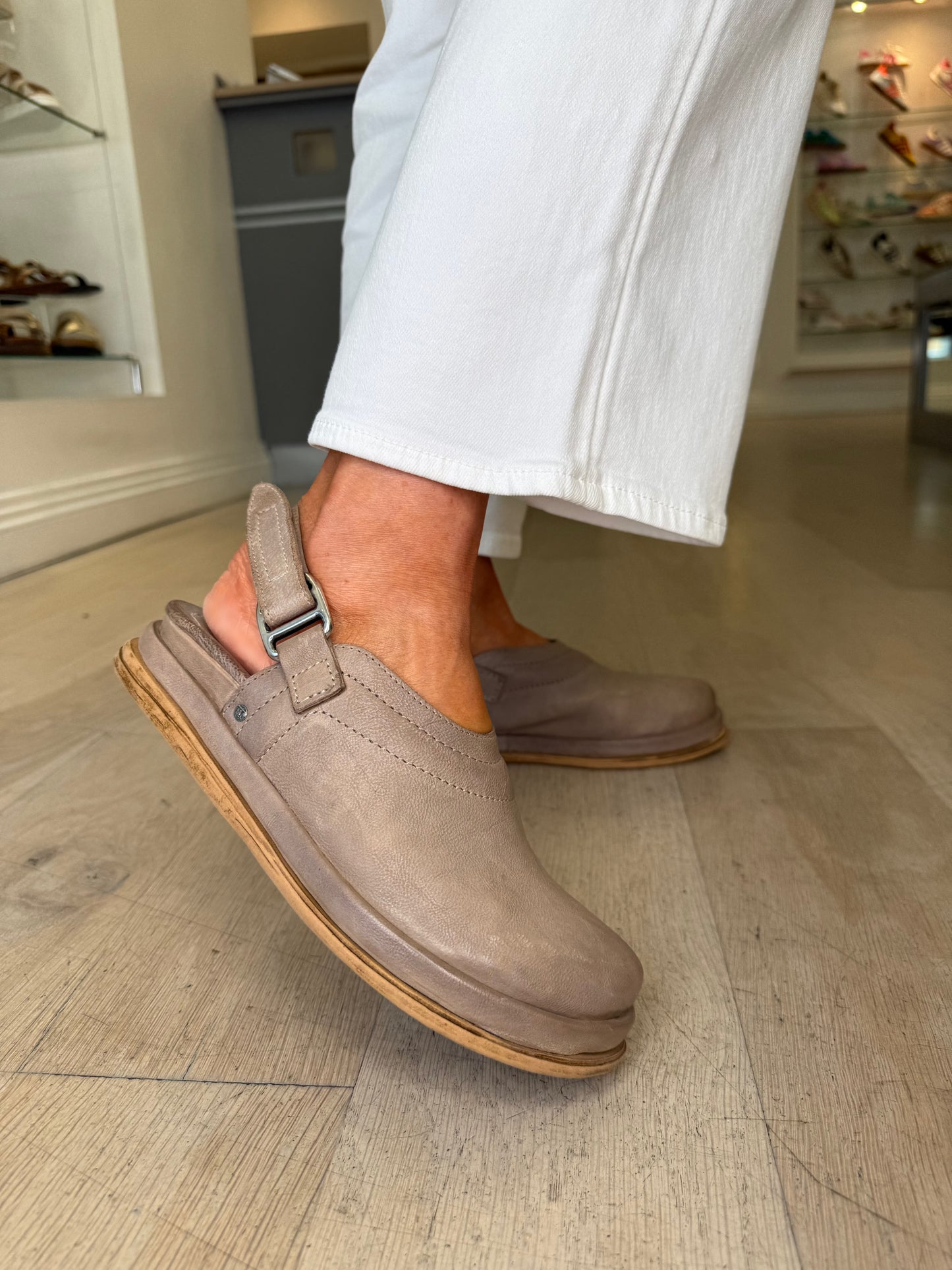 A.S.98 - Mushroom Leather Clog Mule With Velcro Backstrap