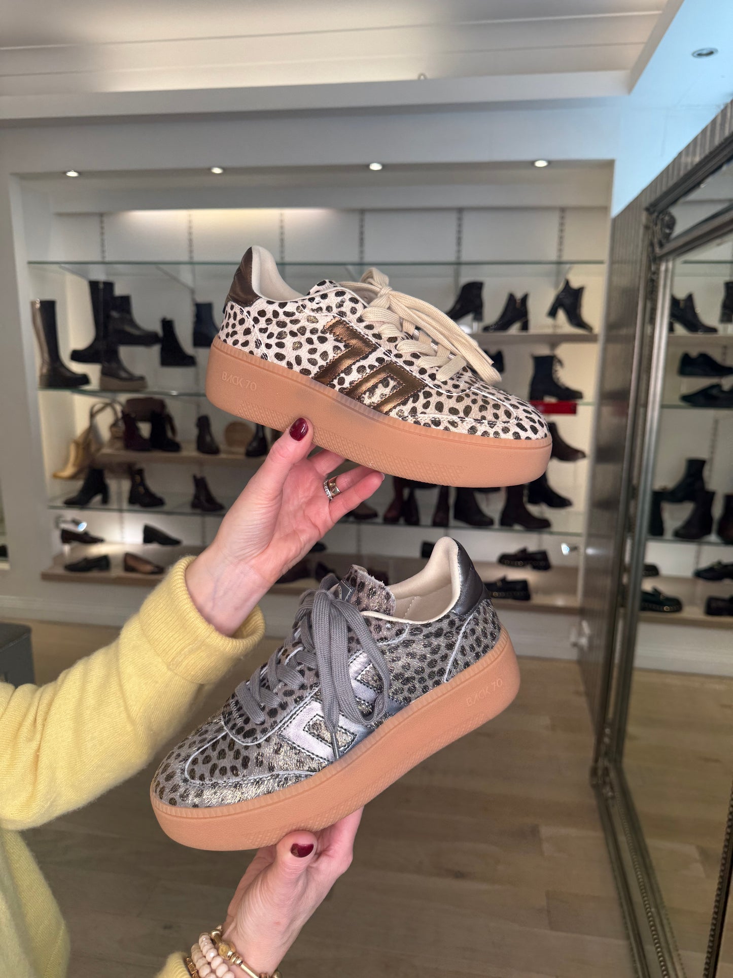 Back 70 - Cheetah Print Lace Up Gunmetal Flatform Trainer