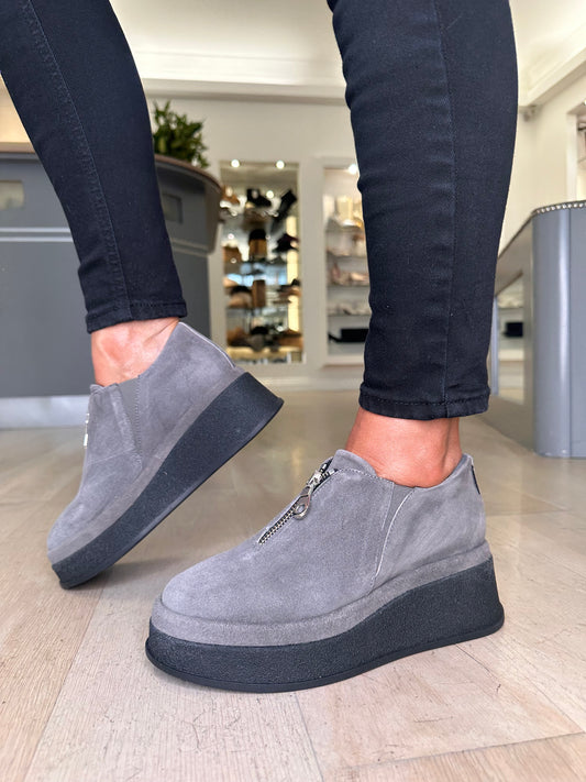 Marco Moreo - Soft Grey Suede Wedge Shoe With Front Silver Zip