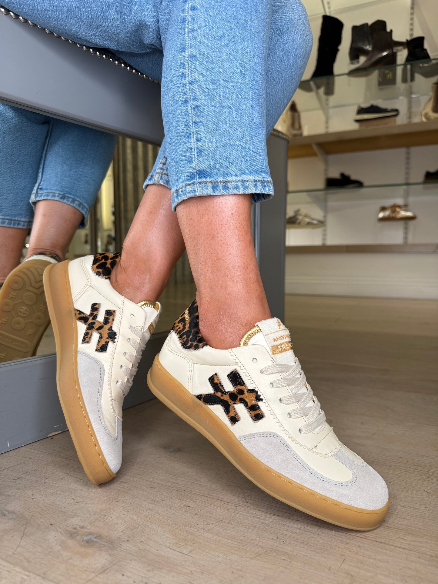 Another Trend - Stone Suede & Rich Cream Leather Trainer With Leopard Print Trim