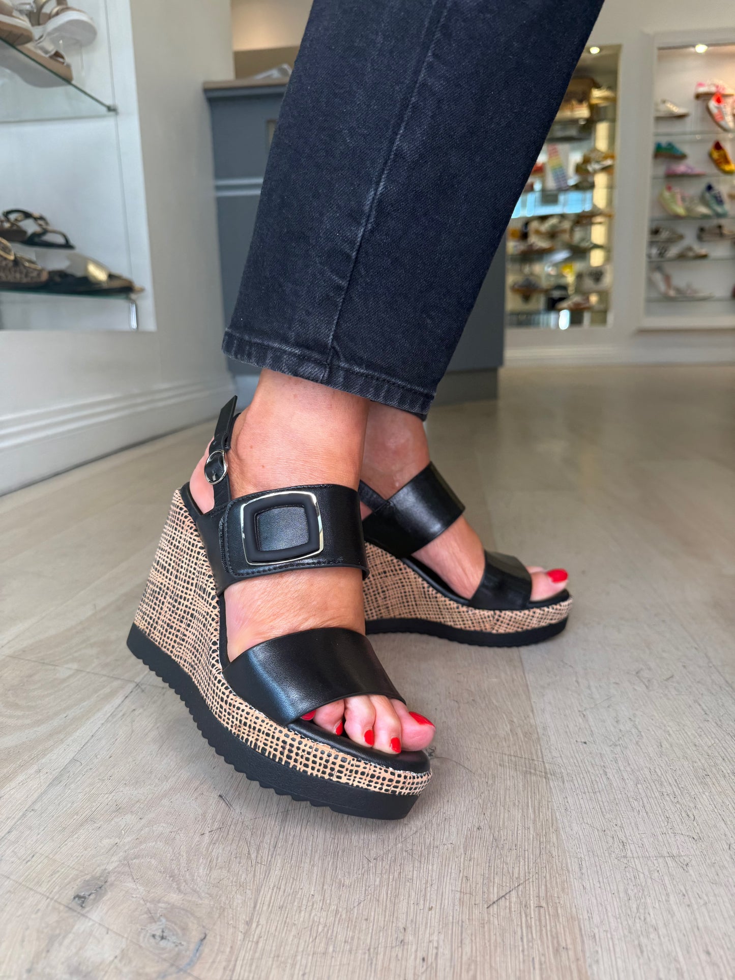 Repo - Black Leather 2 Strap High Wedge Sandal With Velcro Strap & Platform Sole