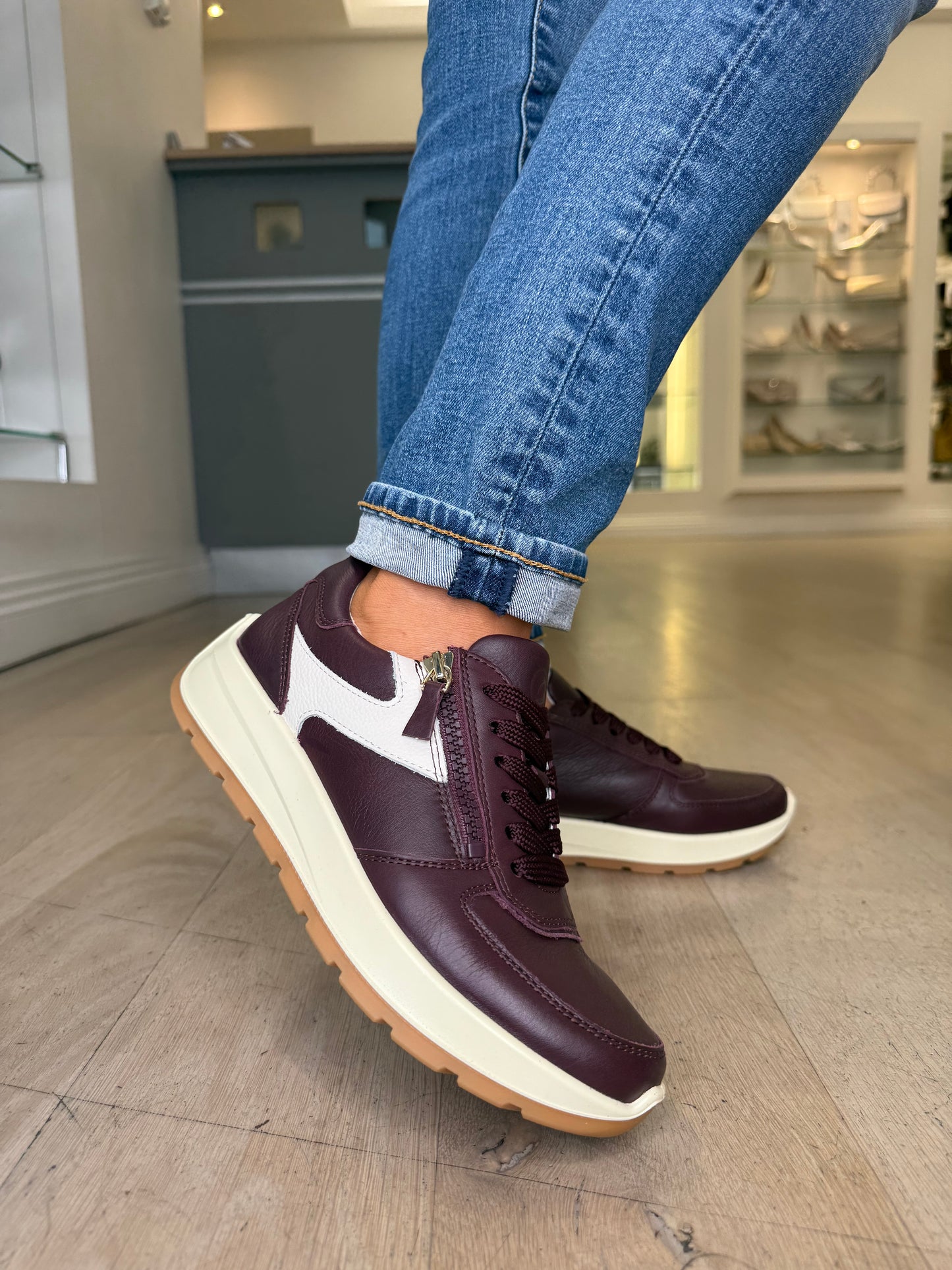 Ara - New York Merlot Leather Side Zip Trainer With White Trim & Cream Sole