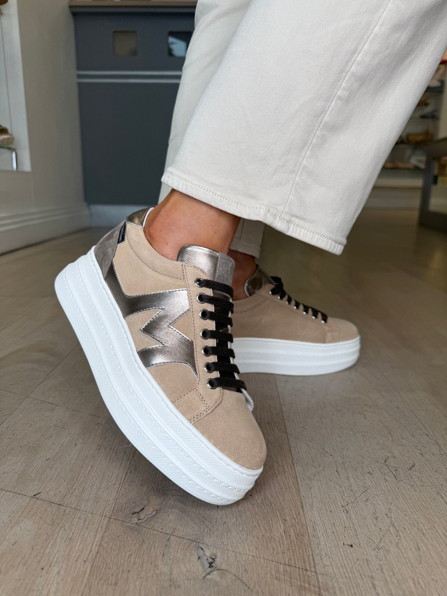 Marco Moreo - Madonna Camel Suede With Bronze Metallic Suede Flatform Sole Trainer