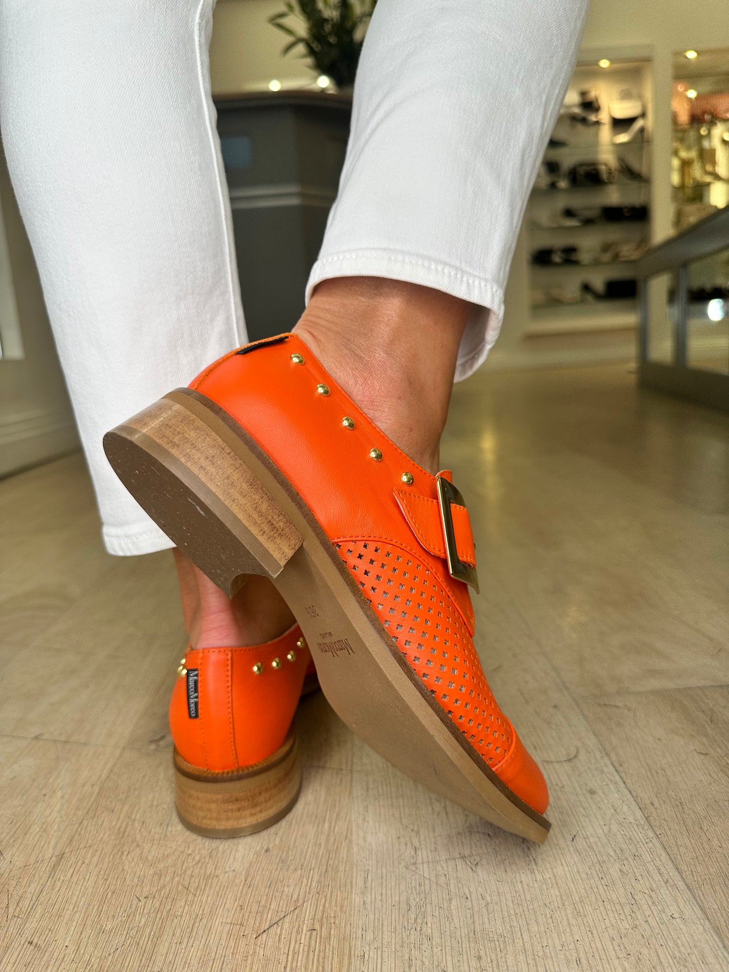 Marco Moreo - Orange Monk Strap Brogue With Gold Buckle & Gold Stud Trim