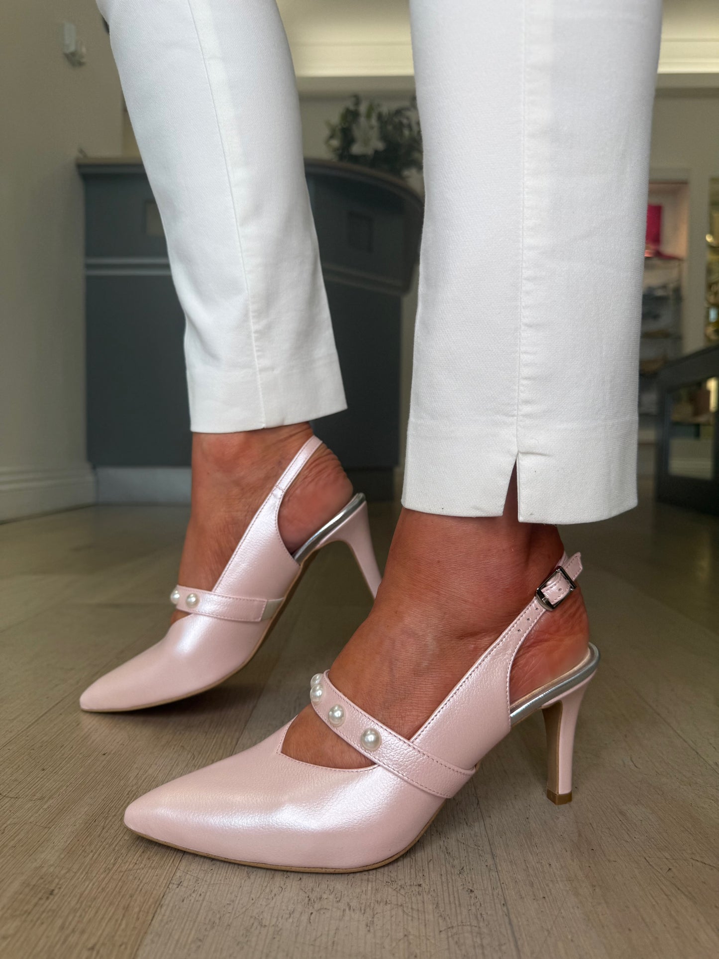 Emis - Pearlised Pink Leather Pointy Toe Slingback Shoe With Mary Jane Strap and Pearl Trim