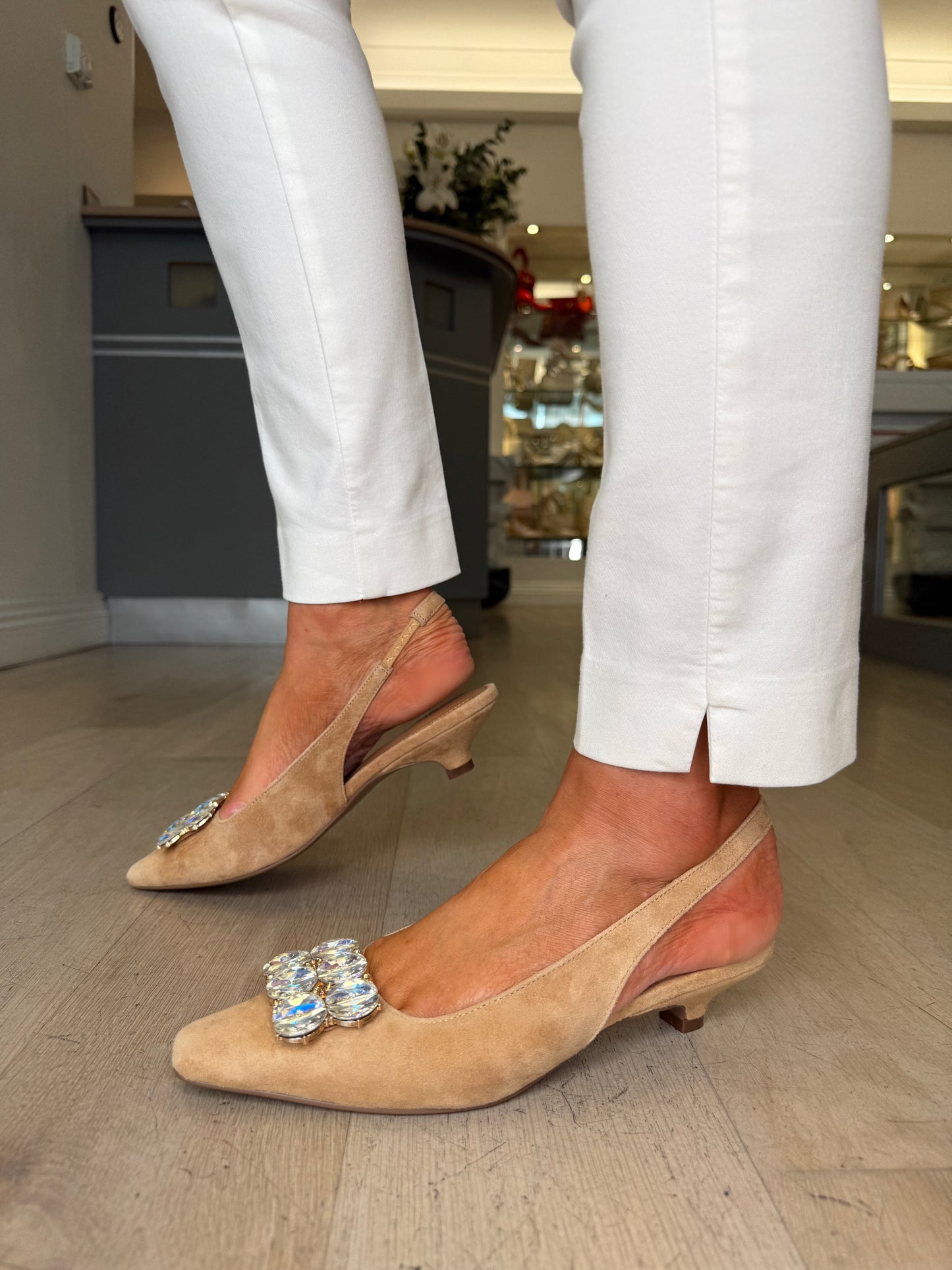 Lodi - Soft Beige Shirt Kitten Heel Style Shoe With Stone Trim