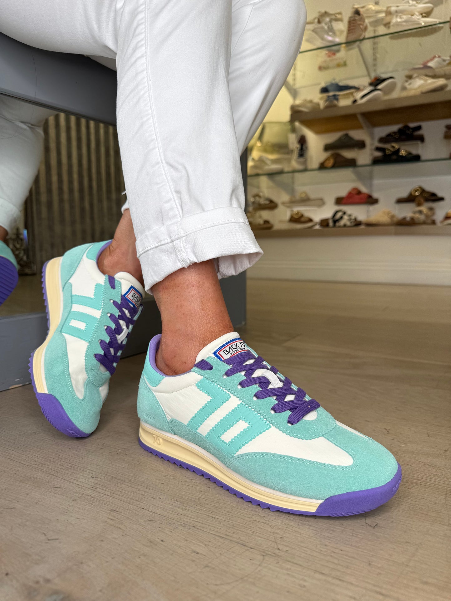 Back 70 - Jogger Mint Suede Trainer With White Leather & Purple Trim