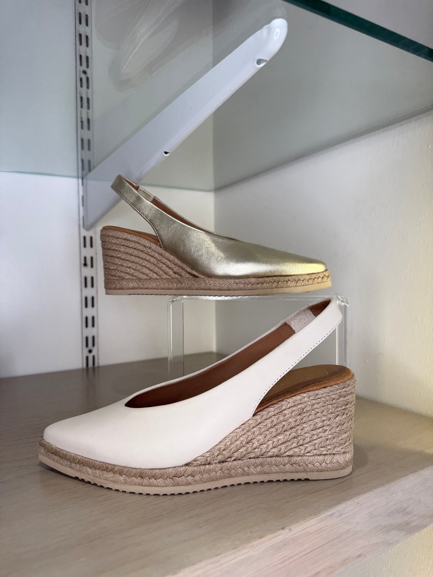 Unisa- Soft Gold Leather Pointy Toe Sling Back Espadrille Wedge