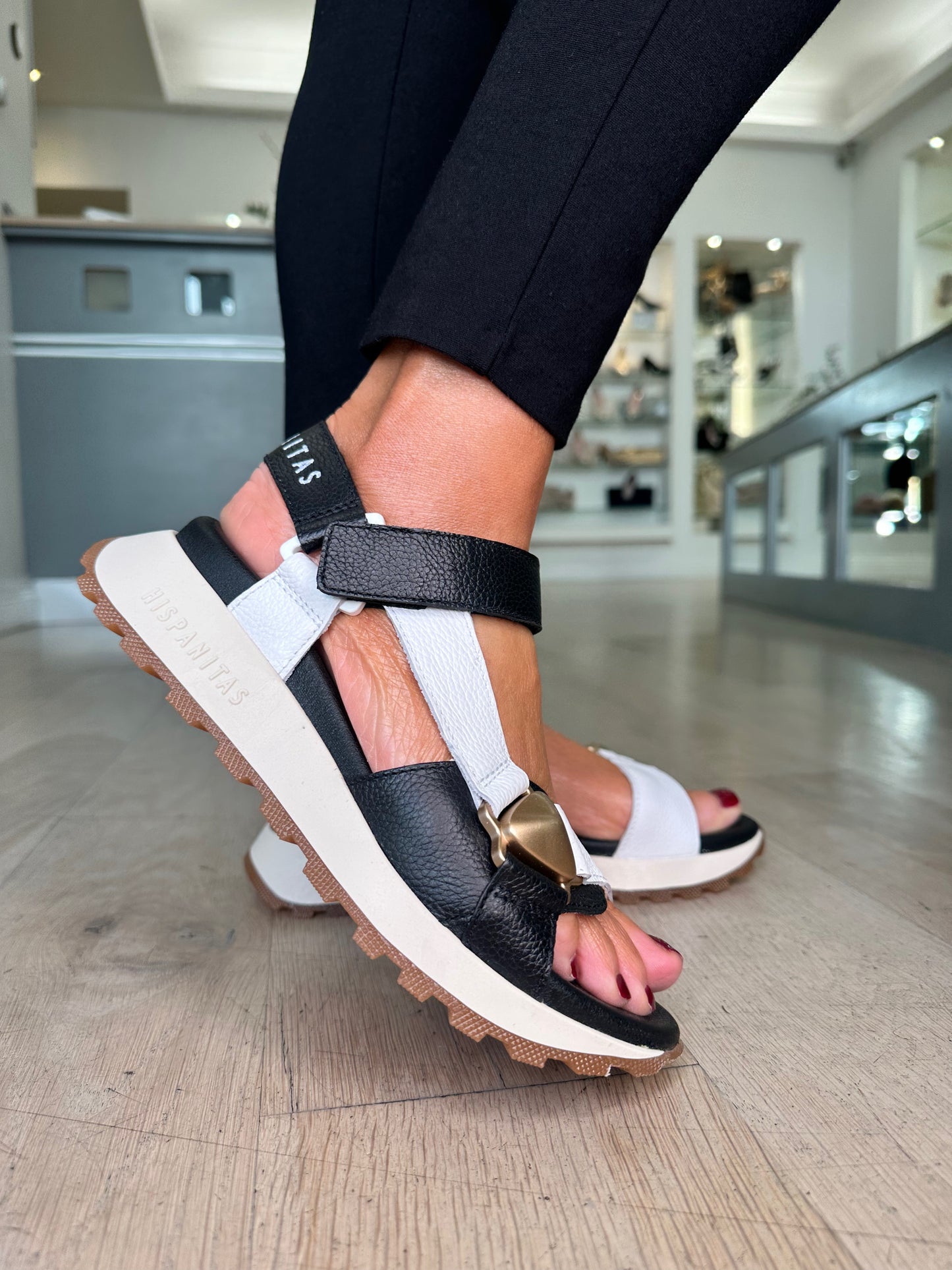 Hispanitas - Black & White Leather Sandal With Velco Strap