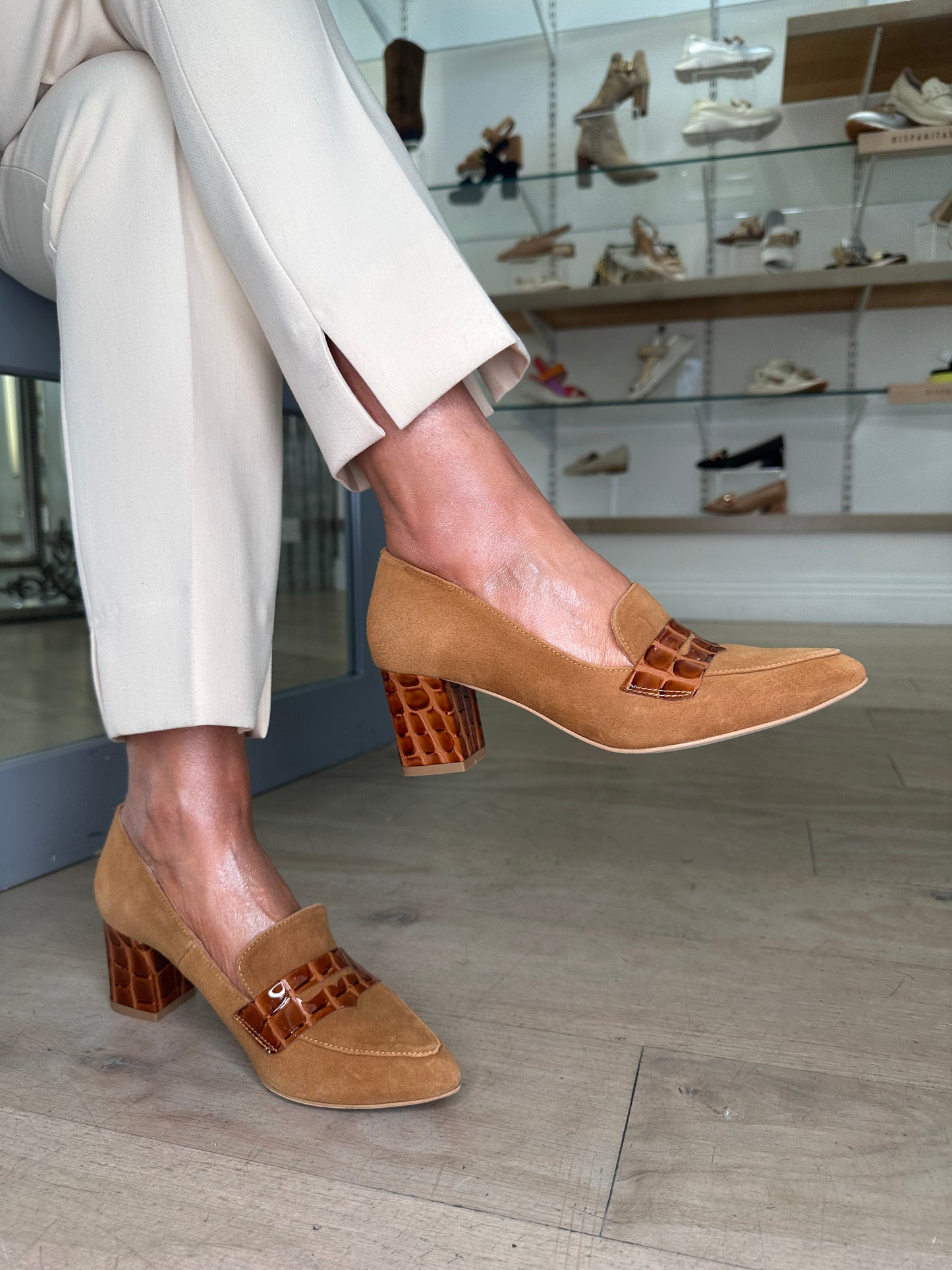 Emis - Tan Suede Pointy Toe Block Heel Shoe With Tan Patent Croc Trim