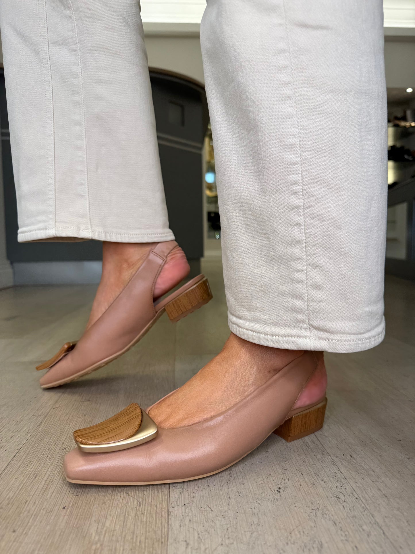 Hispanitas -Almond Tan Leather Slingback Shoe With Matt Gold Trim