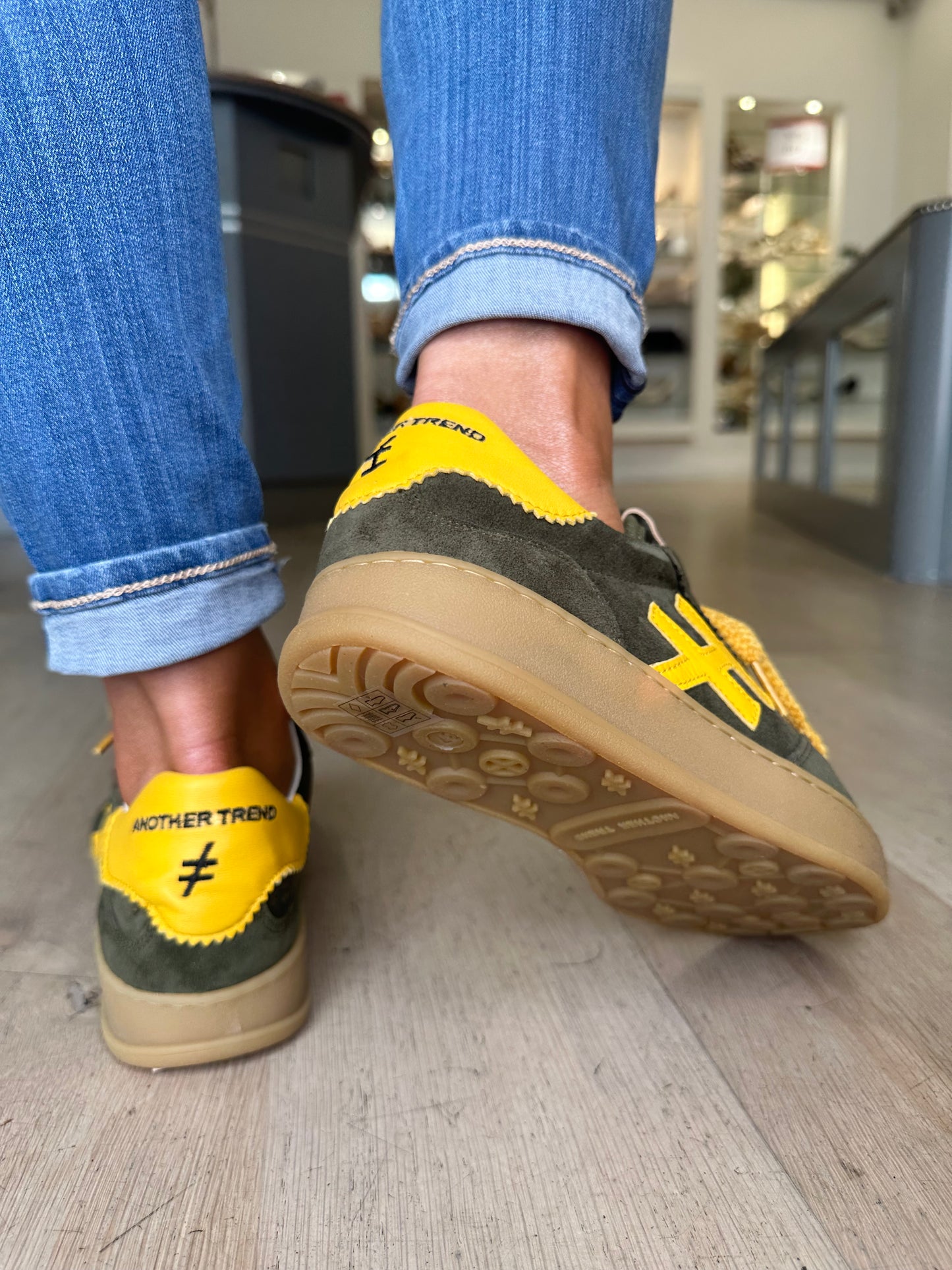 Another Trend (Alpe) - Khaki Green Suede/ Yellow Trim Trainer