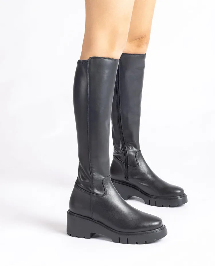 Unisa -  Long Black Leather Chunky Boot