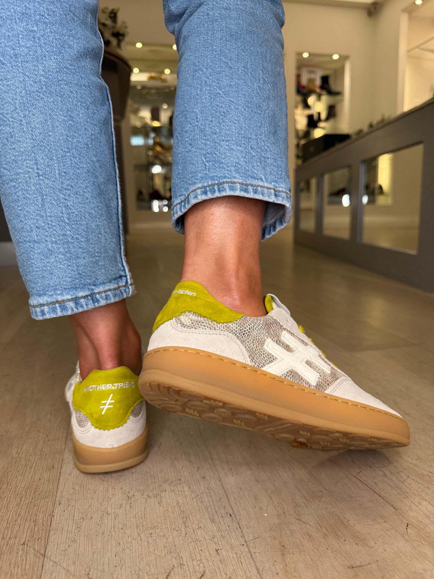 Another Trend - Stone Grey Suede Trainer With Silver Snake Print Shimmer & Lime Suede Trim
