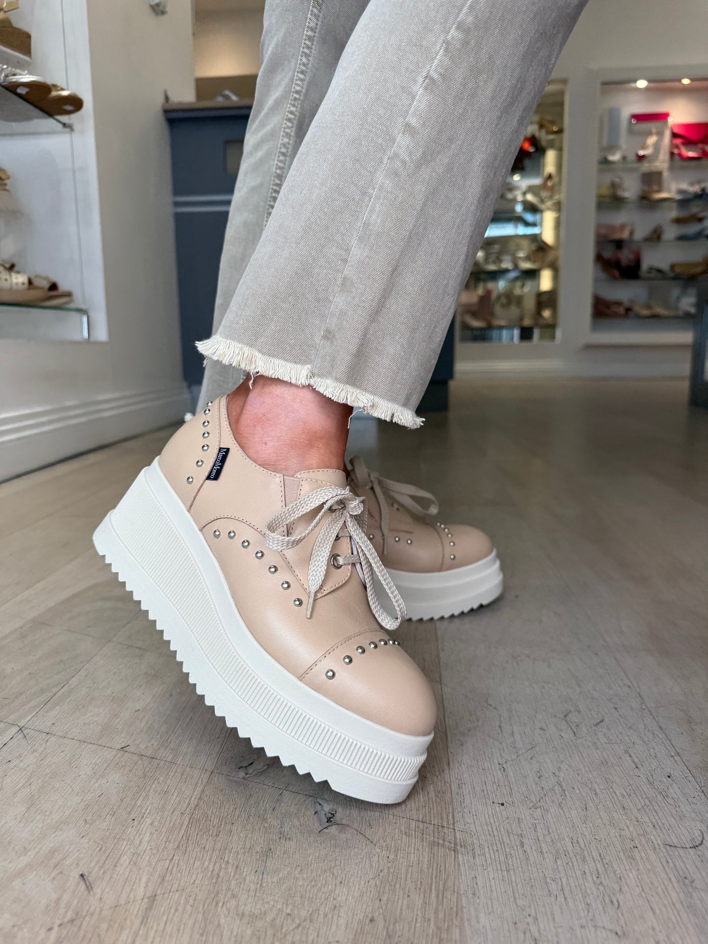 Marco Moreo -Leslie Rich Camel Lace Up Chunky Sole Shoe With Silver Stud Trim