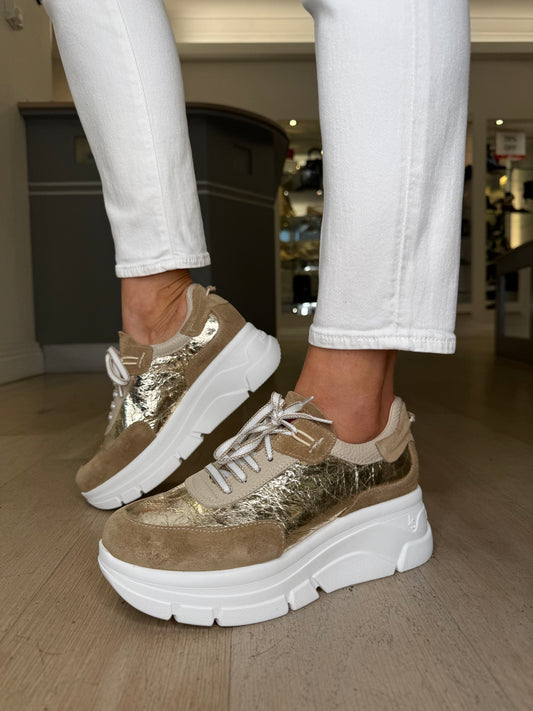 Jose Saenz - Beige Suede Lace Up Wedge Shoe With Gold Foil Metallic Inset