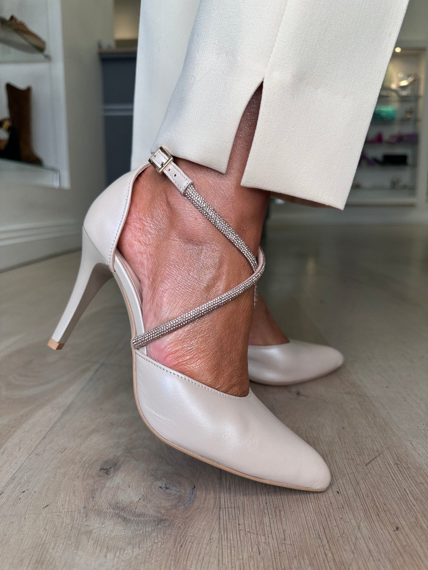 Emis - Pearlised Beige Strappy Diamante Rose Gold Criss Cross Pointy Toe Heel
