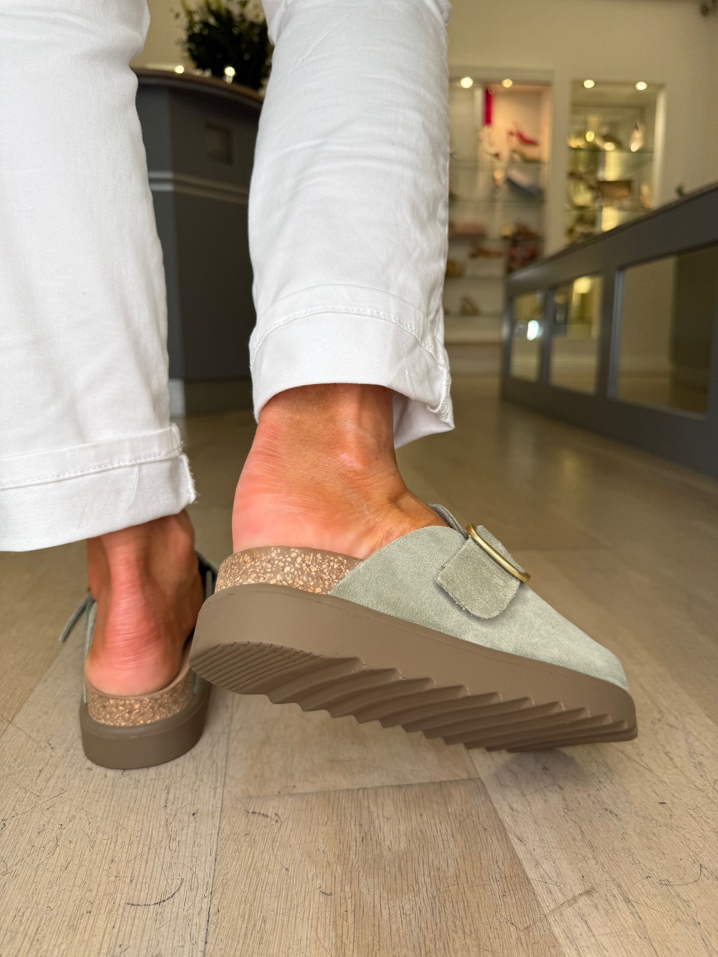 Yokono - Soft Green Suede Mule Clog With Matt Gold Buckle Trim