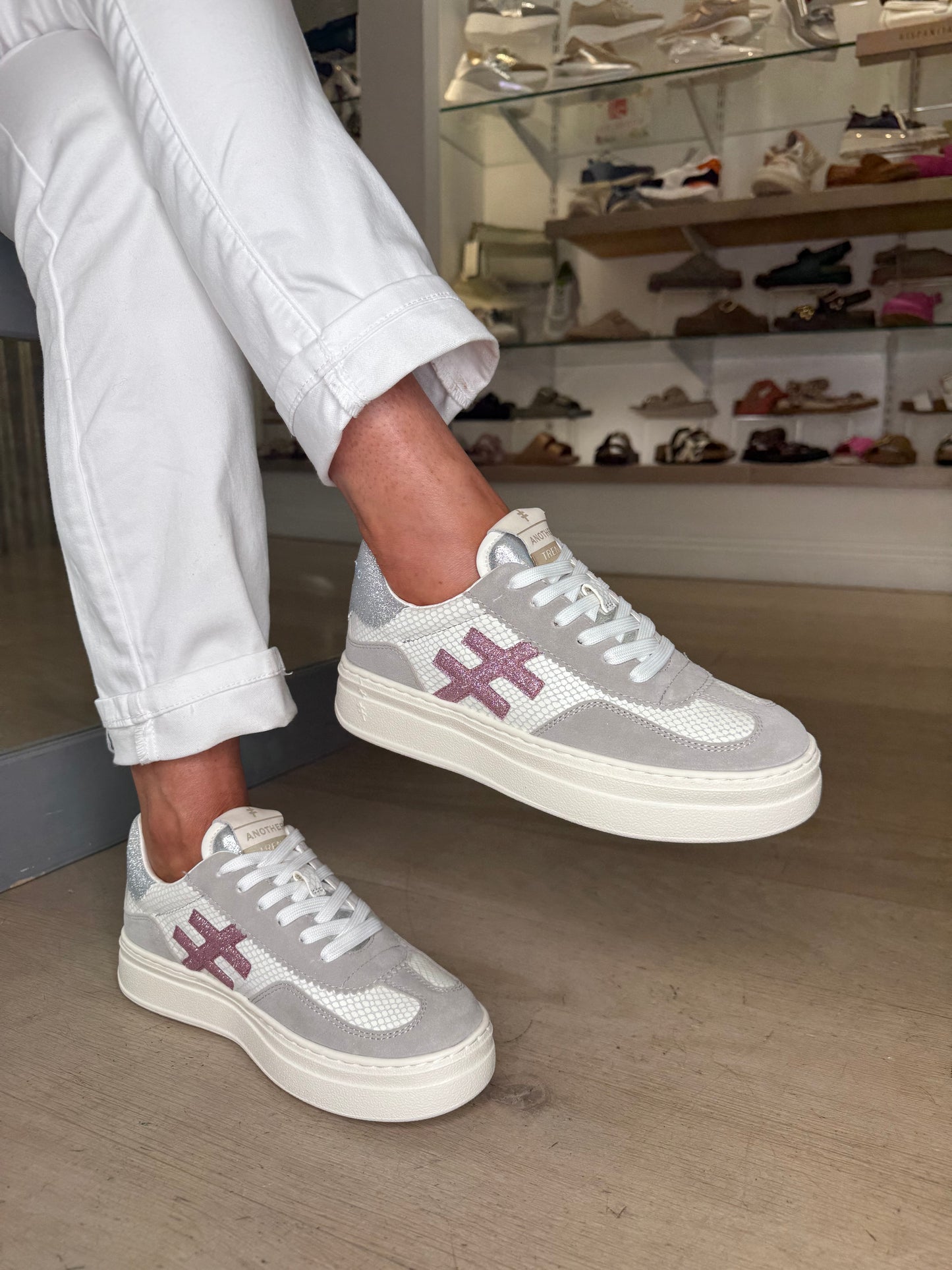 Another Trend - Grey Suede/ Snake Print Flatform Chunky Trainer With Sparkle Pink & Silver Trim