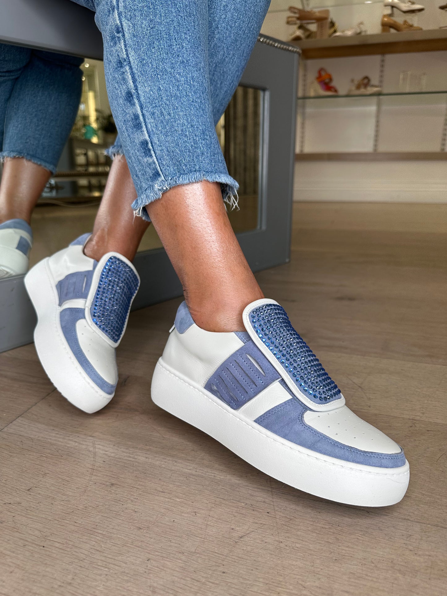 Oxitaly ( Fratelli Russo) 'Claire' White Leather/Denim Blue Flatform Studded Trainer