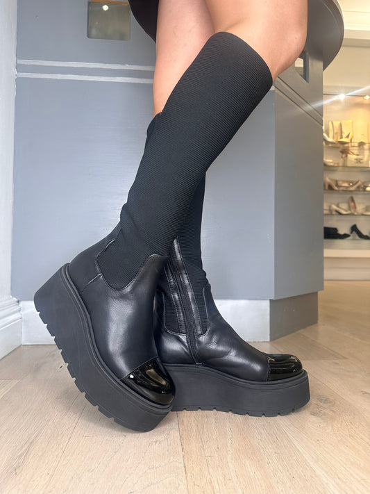 Marco Moreo - Long Black Leather / Stretch Fabric Chunky Sole Boot