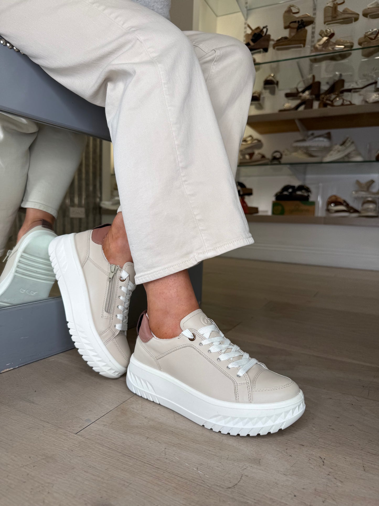 Ara - Taupe Leather Flatform Side Zip Trainer With Soft Brown Trim