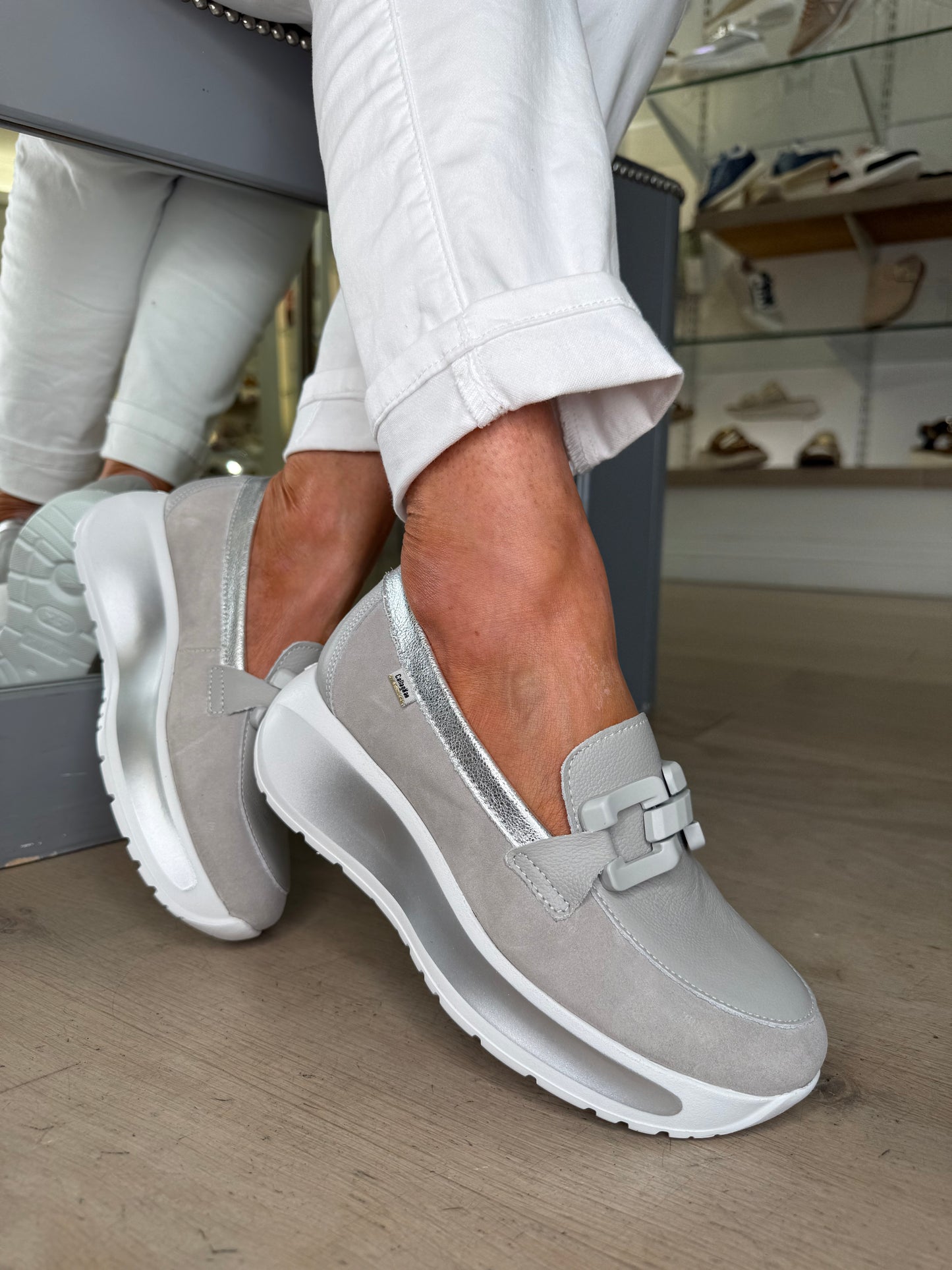 Callaghan - Soft Grey Leather & Suede Mix Slip On Shoe With Metallic Grey Trim