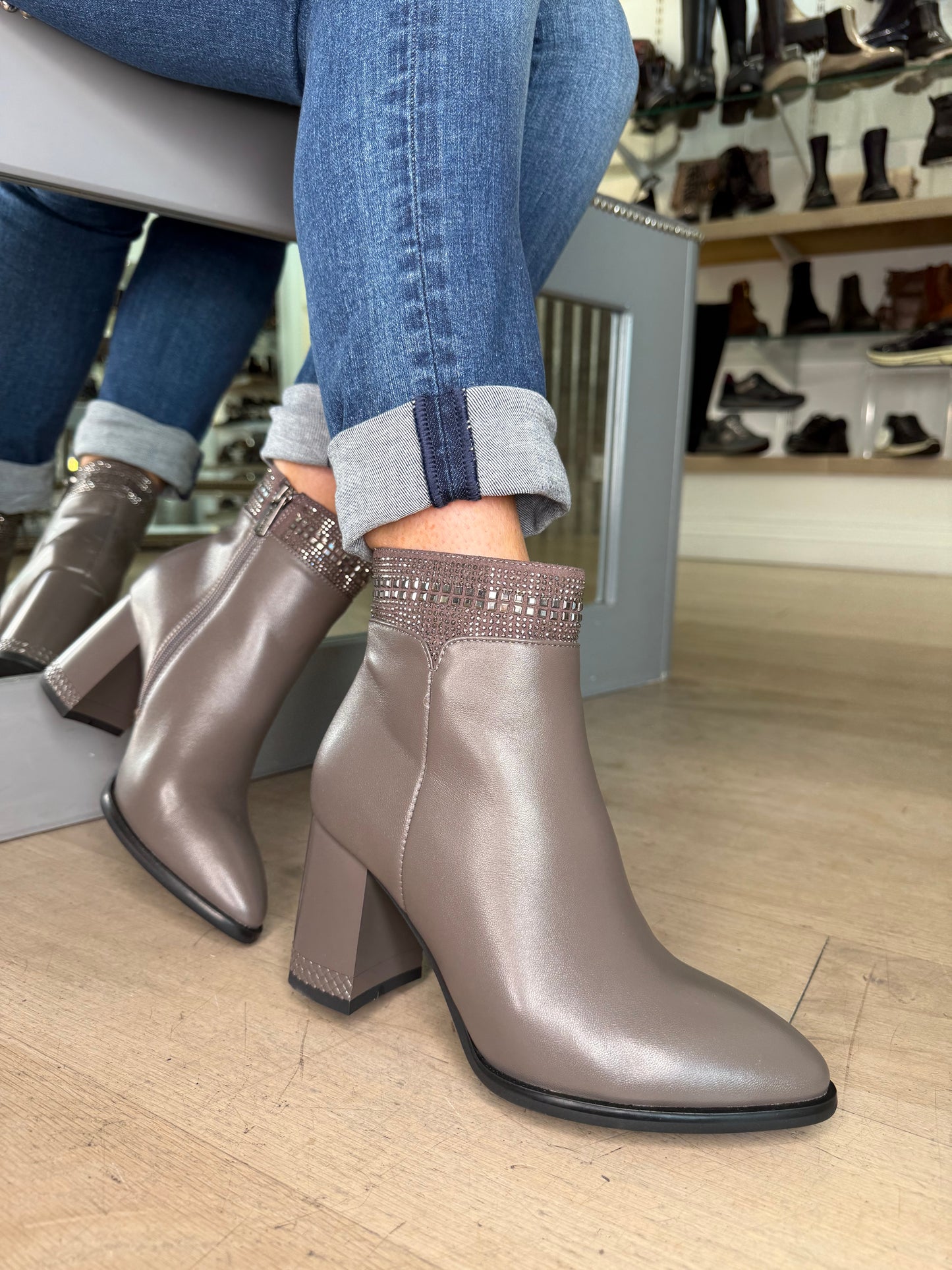 Loretta Vitale -  Taupe Leather Block Heel Pointy Toe Boot With Stone Trim