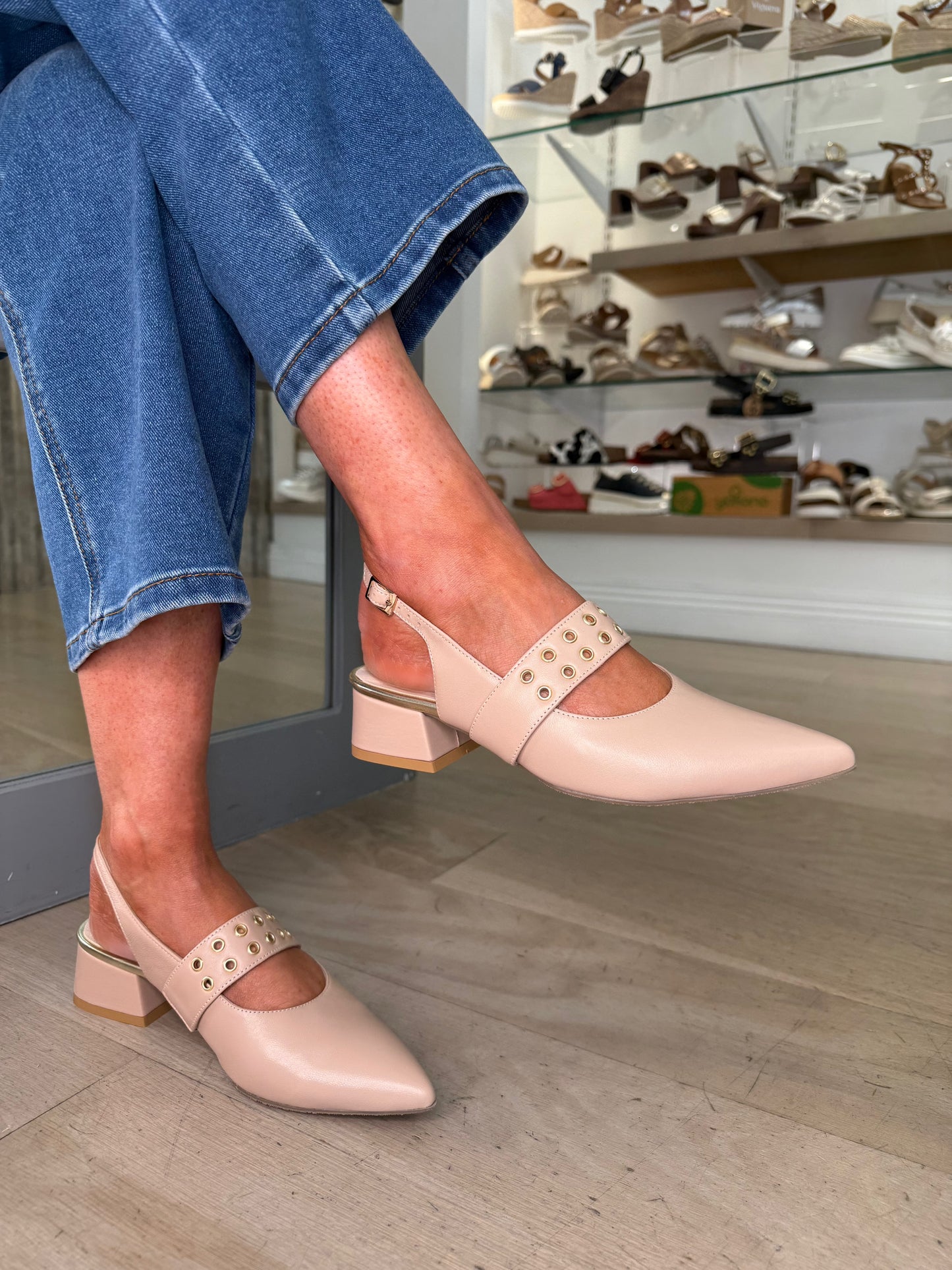 Emis - Beige Slingback Shoe With Eyelet Trim Detail