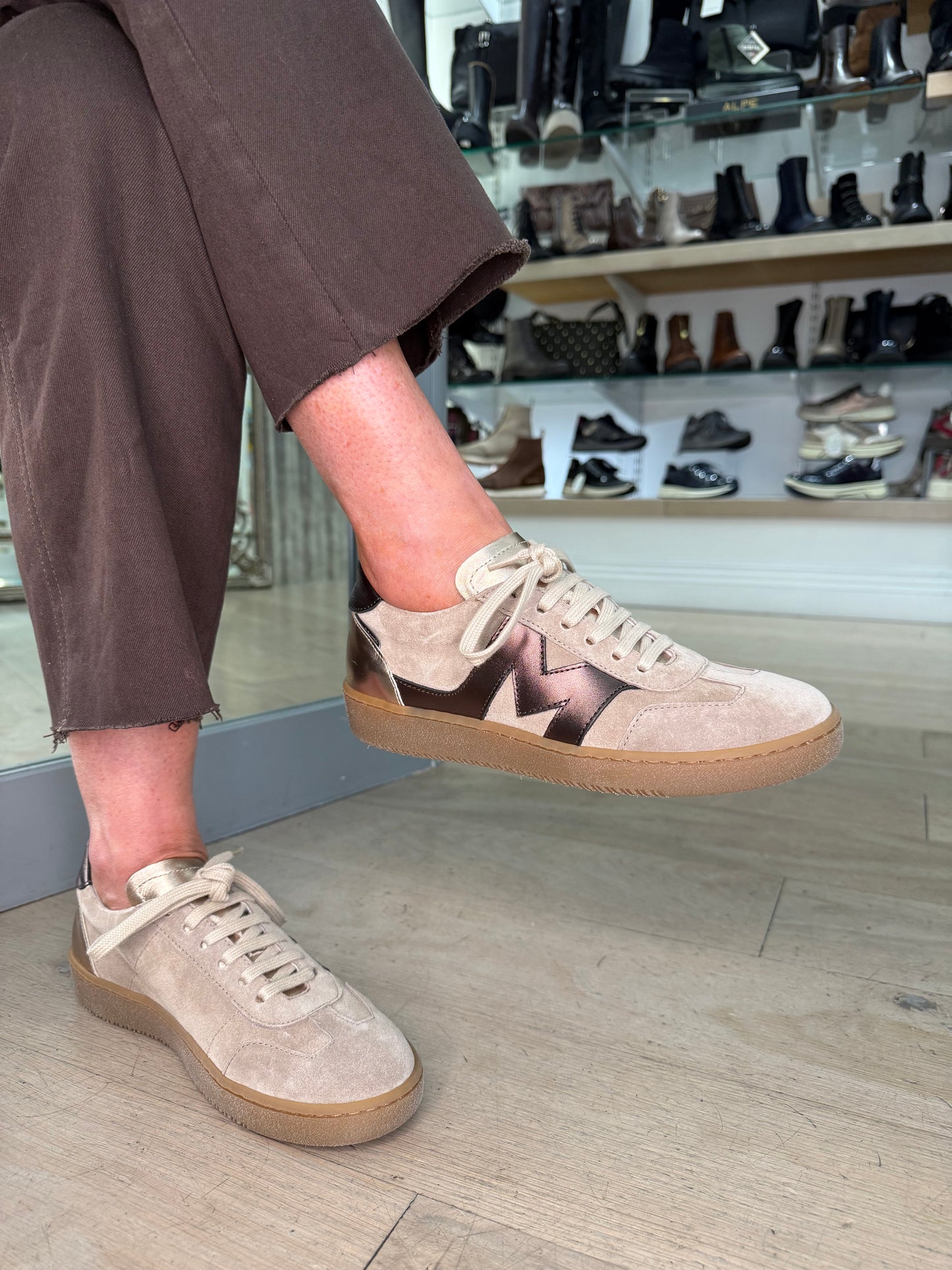 Marco Moreo -Beige Suede Trainer With Bronze Trim