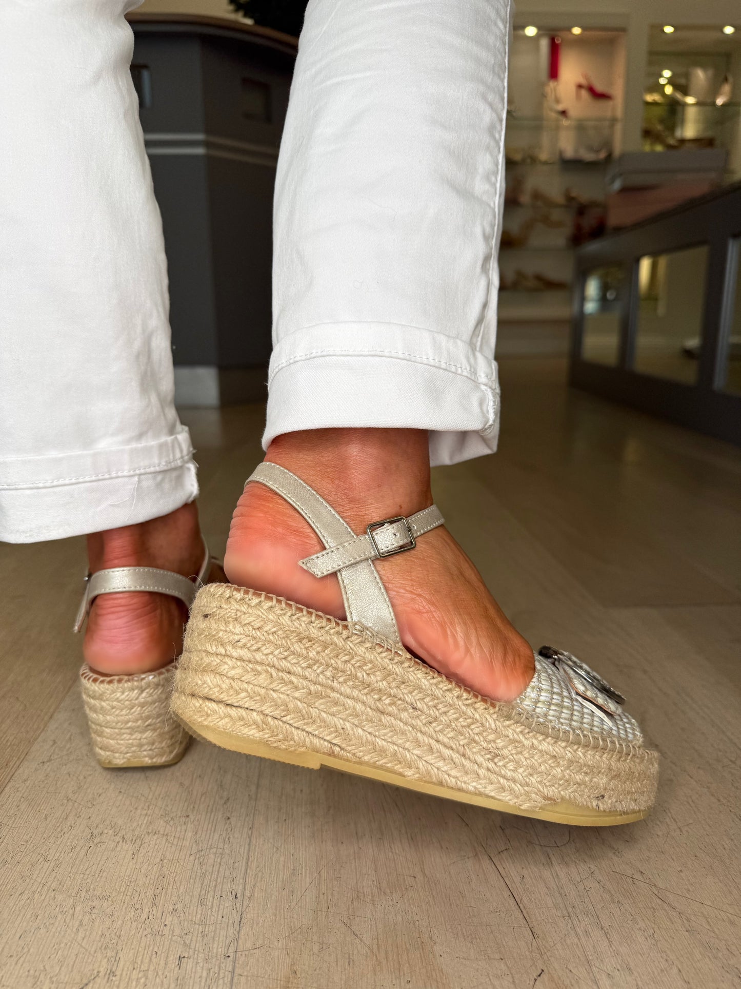 Viguera - Soft Silver Espadrille Wedge With Diamante Buckle Trim